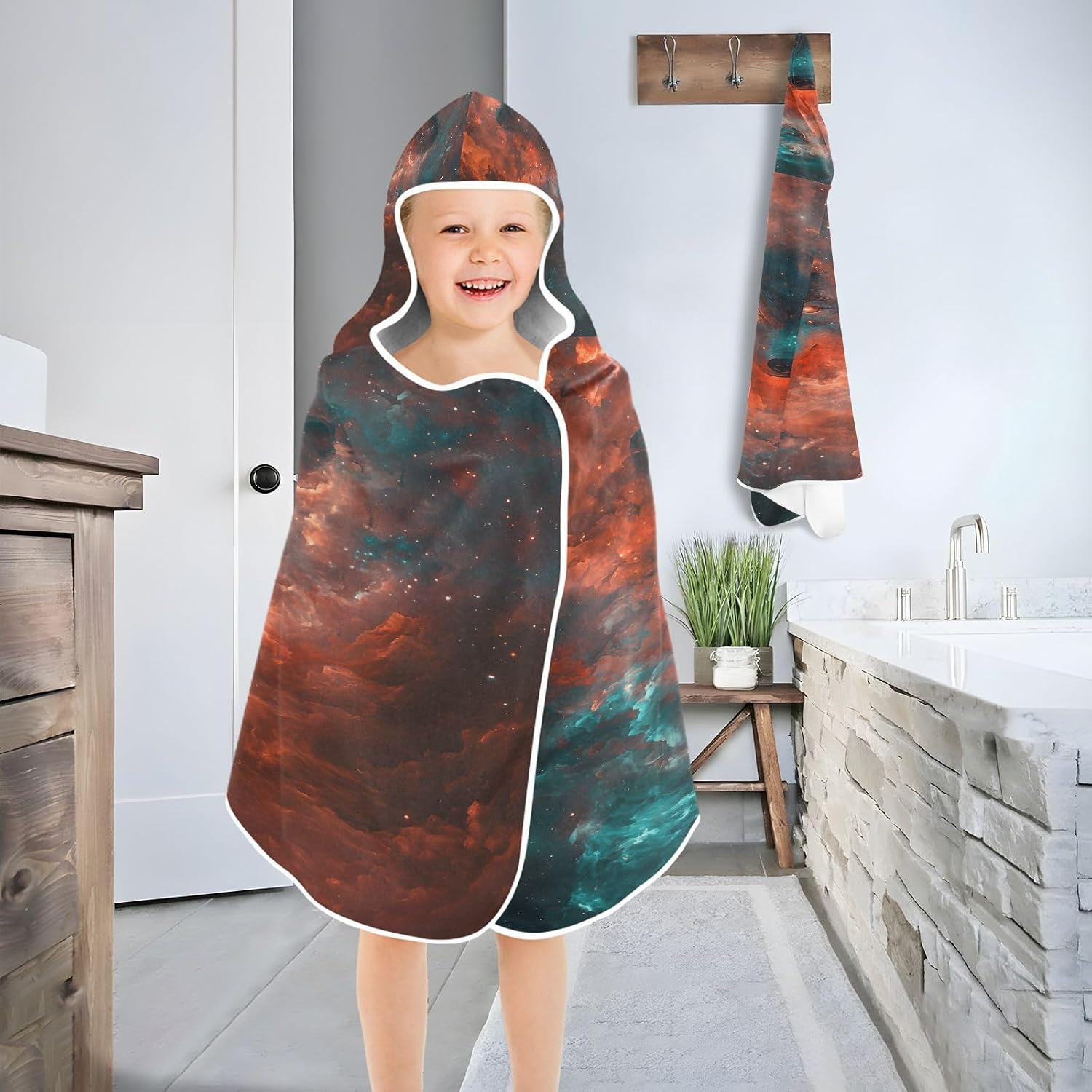 Galaxy Wolf Glowing Star Kids Bath Towels Hooded Poncho, 50x23.5in Quick Dry Beach Towels for Boys Girls Toddlers, Soft Absorbent Baby Bath & Hooded Towels Cape for Swimming Bathroom
