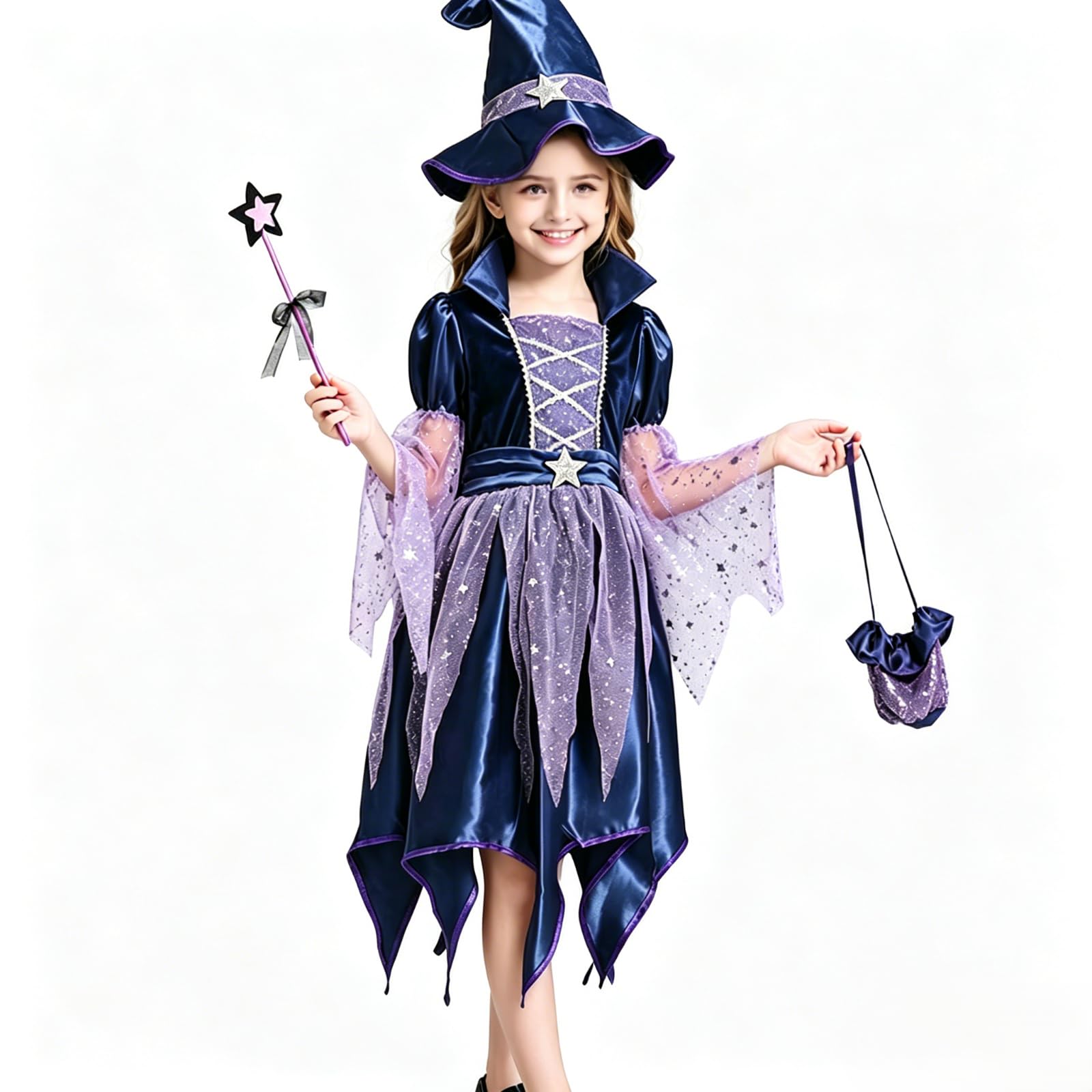 Witch Costume Kids Halloween Cosplay Costume Girls Witch Dress 4 PC Set