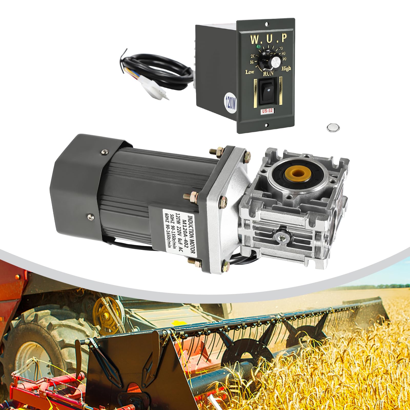 Motor de engranaje de tornillo sin fin de 120 W con regulador de velocidad, CA 220 V, 1650 rpm, relación de reducción 30:1, diámetro del eje de 14 mm, reversible, aluminio aleado, verde/blanco/naranja