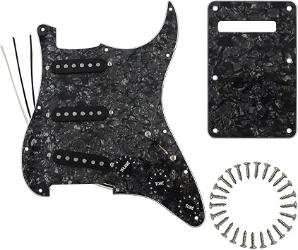 Pro Pre-wired Standard SSS Pickguard Set with Staggered Alnico 5 Magnet Single Coil Pickups, Compatible with American/Mexican & Squier Strat Style Electric Guitar, Black Pearl 4ply