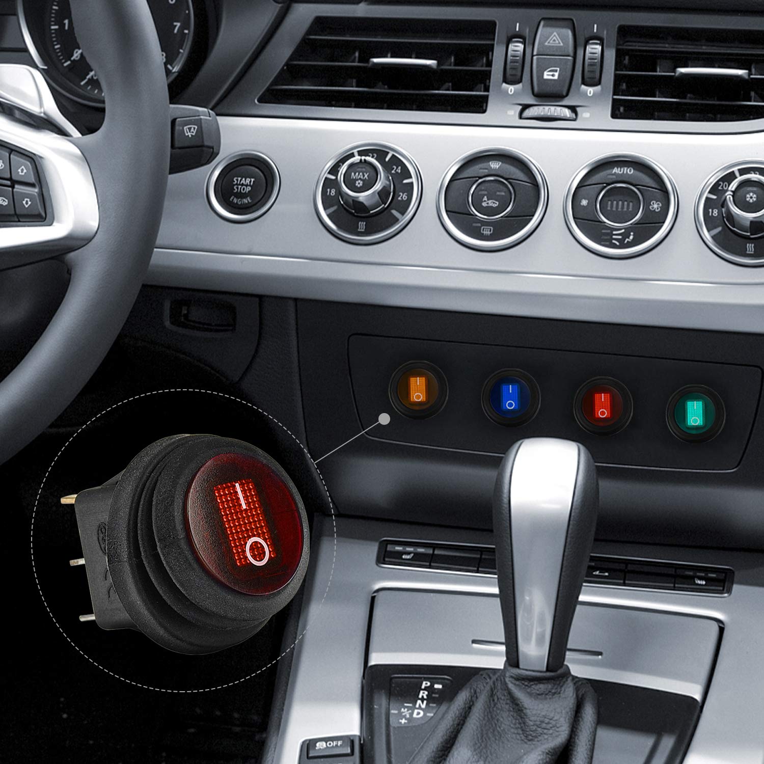 Image showing the APIELE rocker switch installed in a car dashboard as an example aplikace.