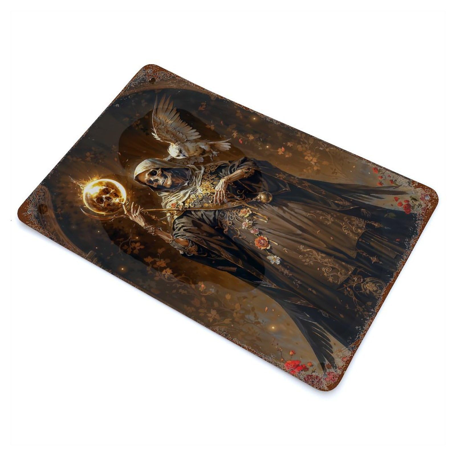 Distressed Metal Wall Sign with Santa Muerte, Death As A Sorcerer Design 11.8"x7.9", for Living Room, Hallway And Home Decor, Vintage Wall Decor