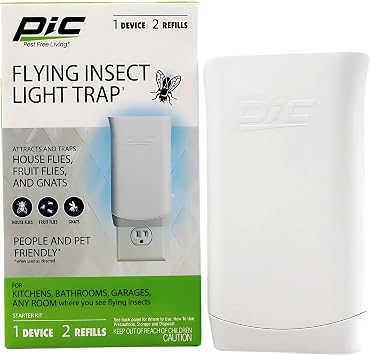 PIC Flying Insect Light Trap, Attracts and Traps House Flies, Fruit Flies, and Gnats 1 Device & 2 Cartridges
