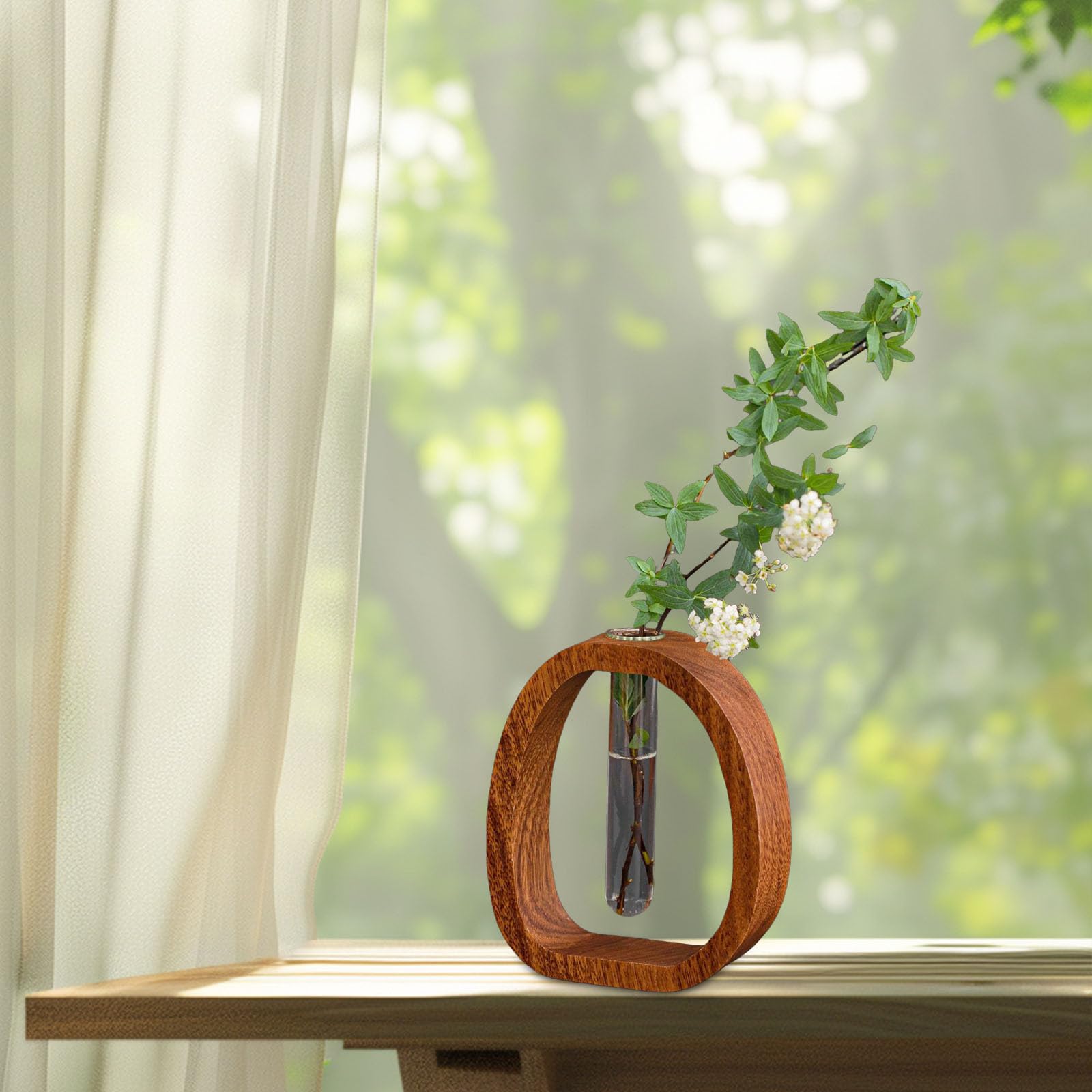 Glasvase aus Walnussholz, kleine Blumenvase mit Reagenzglas, kreatives Hydrokultur-Ornament für Heimdekoration und Tafelaufsätze