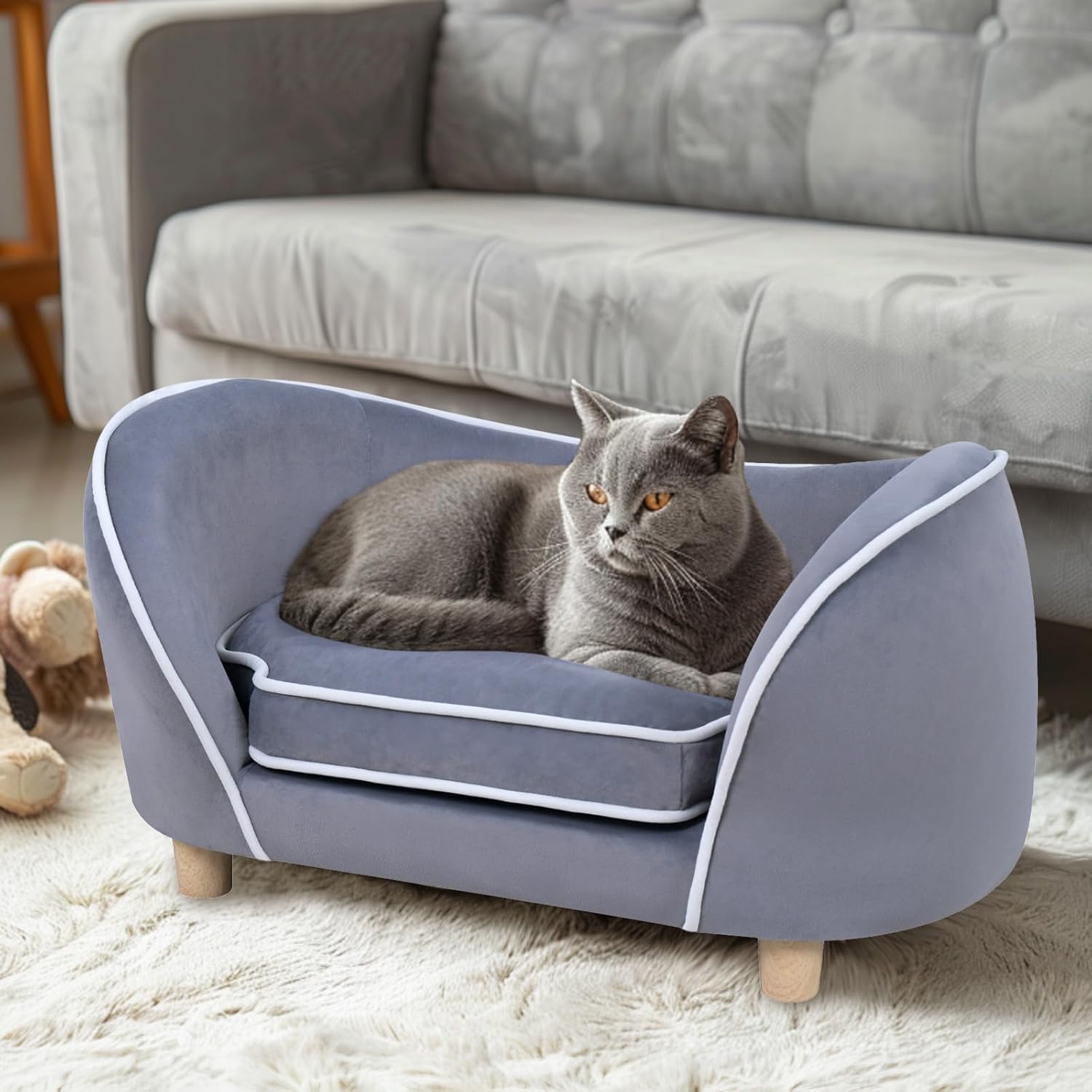 27'' Pet Sofa Bed for Small Dogs and Cats with Soft Cushion, Removable Cover, Wooden Legs, Gray