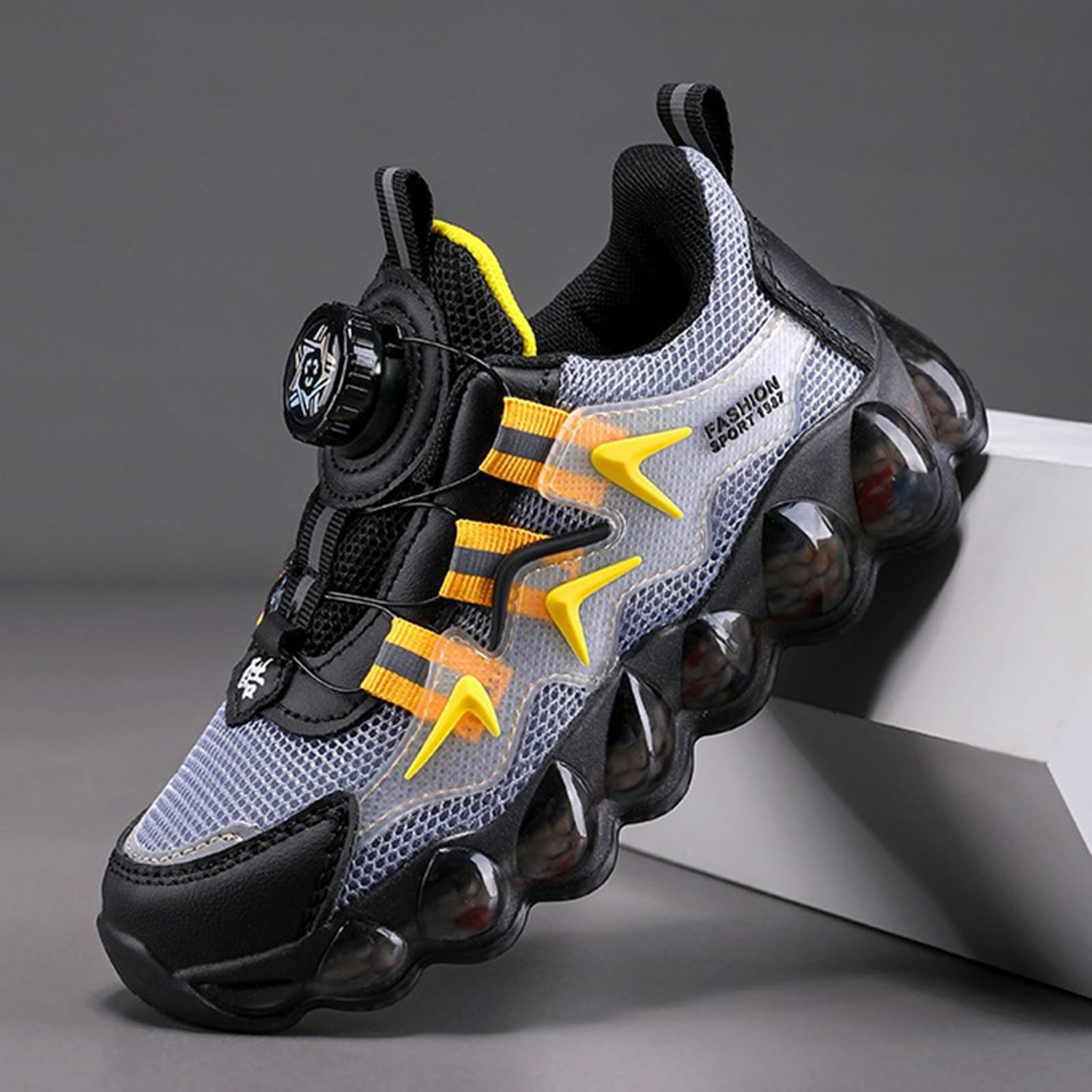 Chaussures de tennis pour garçons - Taille 1 - Printemps, été et automne - Maille respirante - Boucle rotative - Lacets réglables - Taille M et L - Chaussures de sport décontractées pour enfants