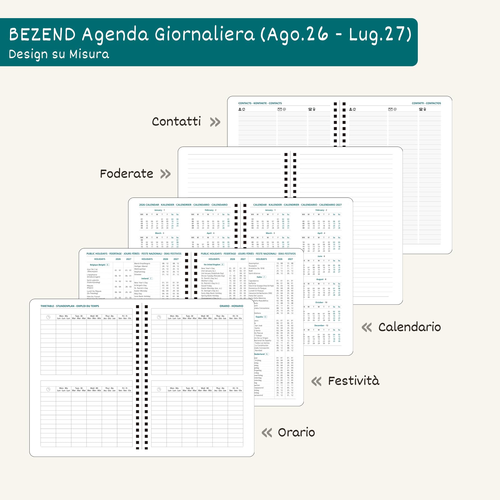 BEZEND Agenda 2026 2027 Giornaliera A5 Spirale, 12 Mesi da Ago.26 a Lug.27, Design Floreale, Diario Scuola 21 x 15,5 cm, Intervalli di 30 Minuti, Copertina Rigida, Grigio-blu