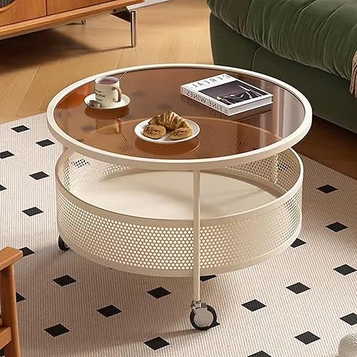 Mesa de centro de cristal con ruedas giratorias, mesa de té redonda de 2 niveles con cesta de almacenamiento hueca de hierro, moderna mesa central