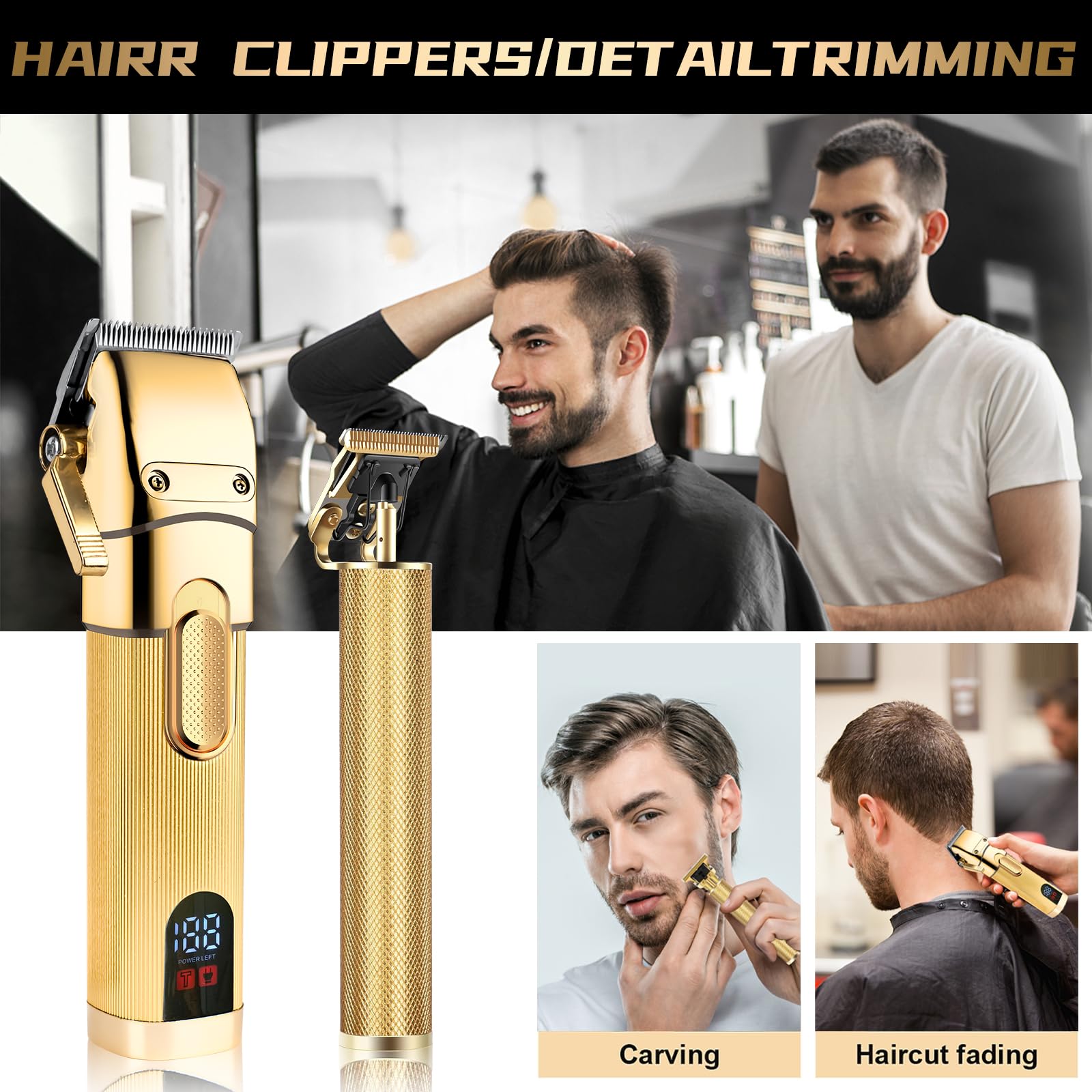 Haarschneidemaschine für Männer – Kabelloses Fellpflegeset, professionelle Friseurschere mit LED-Anzeige, wiederaufladbarer Bartschneider, Geschenke für Männer, Gold
