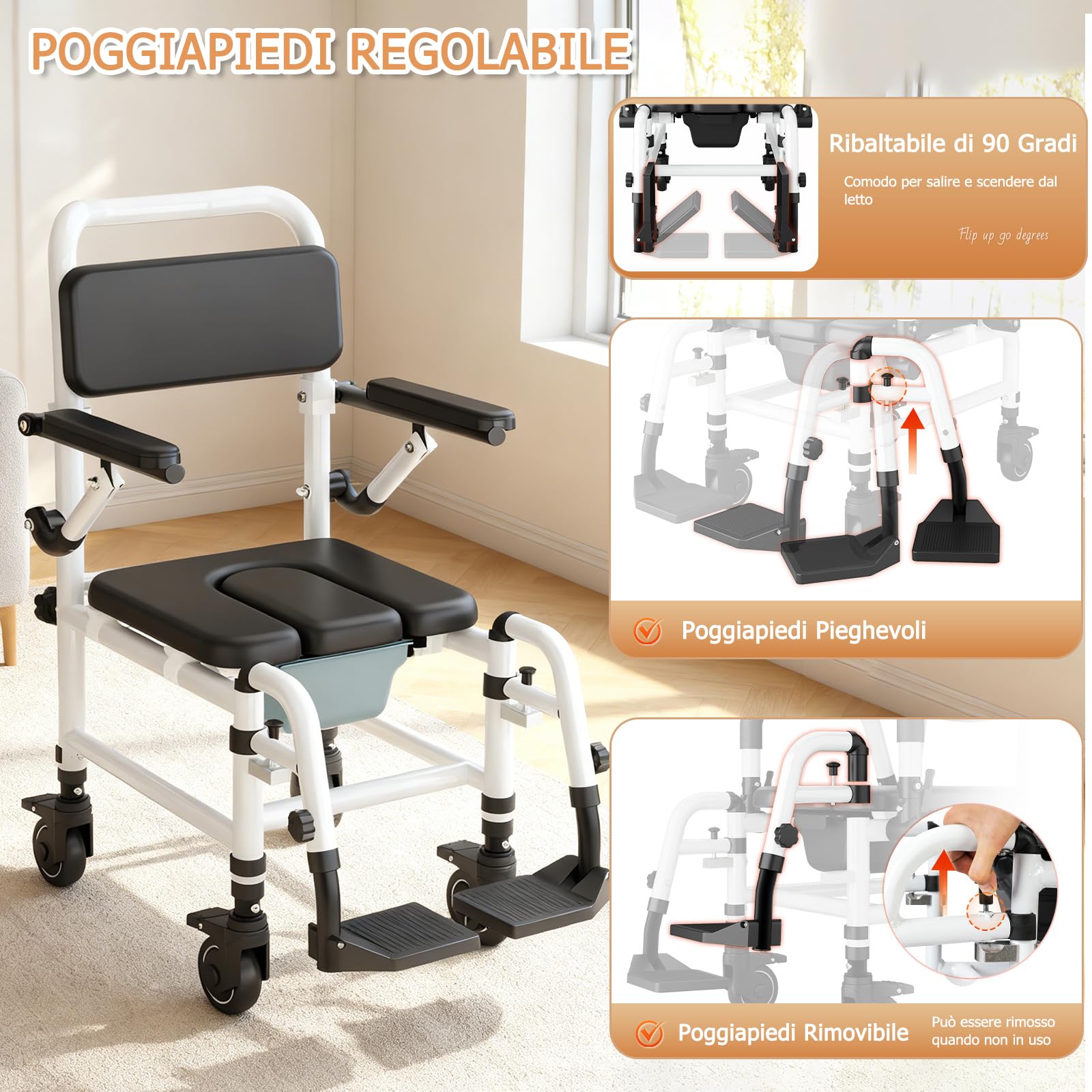 NJUN Sedia da Doccia con Ruote, Sedia Comoda e Doccia Mobile per Anziani e Disabili, Sedia da Bagno Altezza Regolabile in Alluminio con Braccioli Ribaltabili, Poggiapiedi Staccabili e Seduta Imbottita