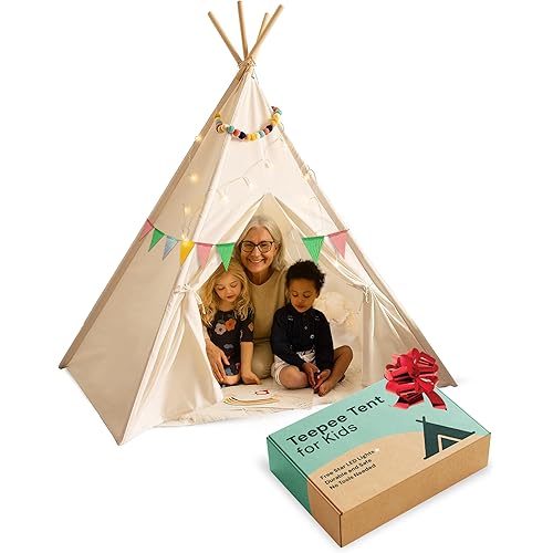 PLAYVIBE Teepee Tent for Kids - Castle Theme, Plastic Canopy - Indoor & Outdoor Toddler Playhouse with LED Star Lights & Cozy Reading Nook