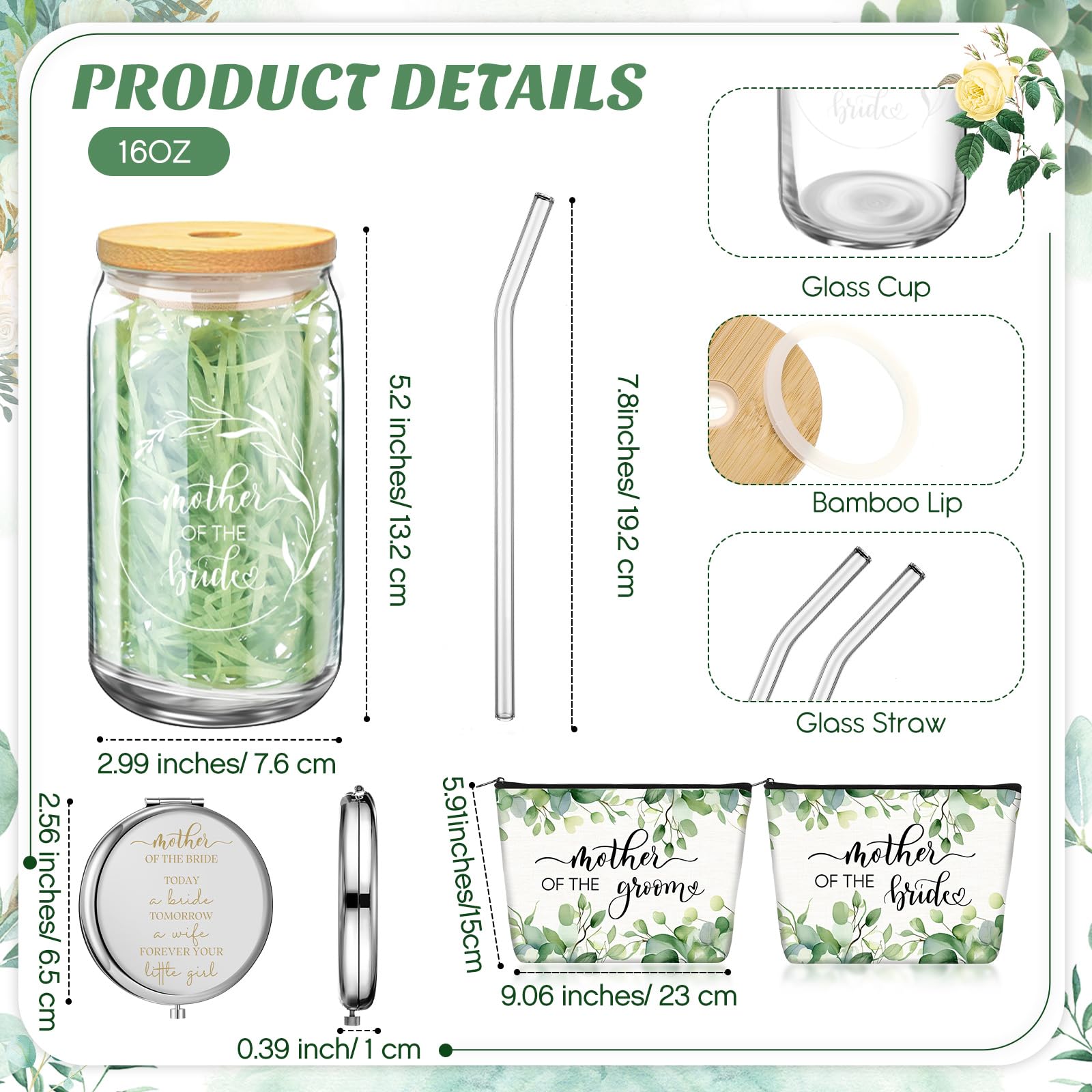 Hushee 2 Sets Mother of the Bride and Mother of the Groom Gifts Set Includes 16 oz Glass Cups Canvas Tote Bags Cosmetic Bag Handkerchief Candle for Mom Bridal Shower Wedding Gifts(Eucalyptus)