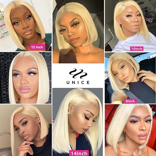 Miniatura 7 de UNICE Peluca rubia con cierre de encaje transparente 4x4, peluca corta y recta Bob #613, cierre de encaje brasileño, peluca de cabello humano