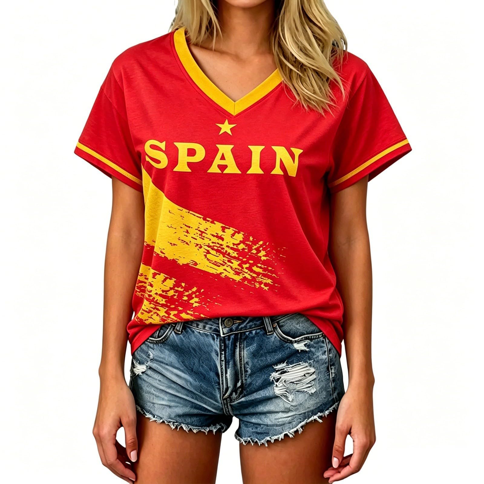 Spain Football T-Shirt for Women Short Sleeve V-Neck Shirts Spain Flag Comfortable Casual Tee Retro Soccer Jersey Adult and Kids Summer Tops (1-Pink, 8-9 Years)