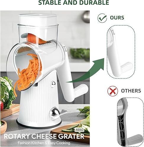 Miniatura 7 de TOPAA Rallador rotativo de queso, mandolina, cortador de verduras con 3 cuchillas intercambiables, rallador fácil de limpiar para frutas, verduras y