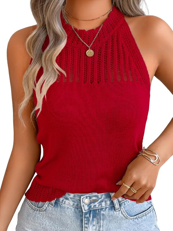 ChiaoLezhee Women's Summer Knit Tank Tops Racerback High Neck Lightweight Sweater Vest Dressy Casual Outfits Ladies Halter Sleeveless Beach Crochet Eyelet Blouse Trendy Cute Valentine Day,Red,XL by ChiaoLezhee - Used condition - US$24.80