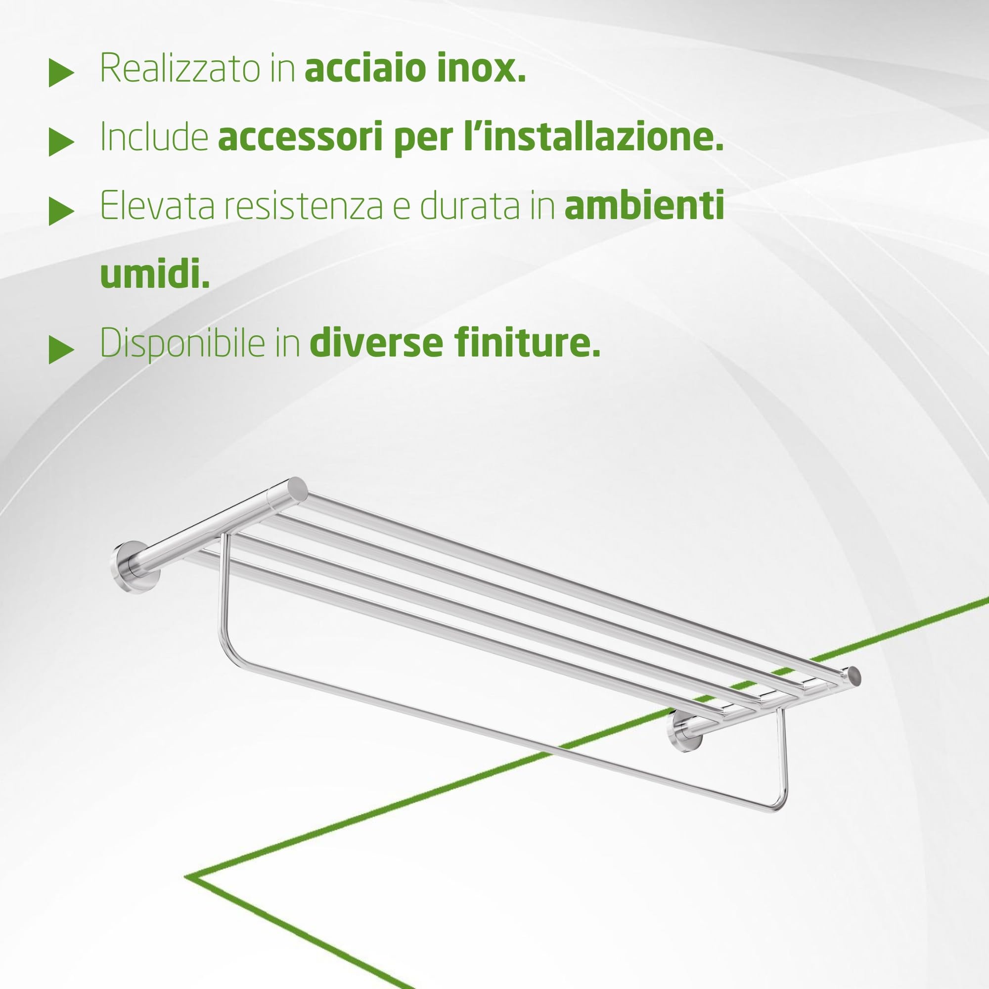Amig - Portasciugamani da bagno a ripiano Mod. Gorliz-1 | Supporto da parete Con viti incluse | 655 x 132 x 205 mm | Acciaio inossidabile e Zamak | Argento | Cromo lucido