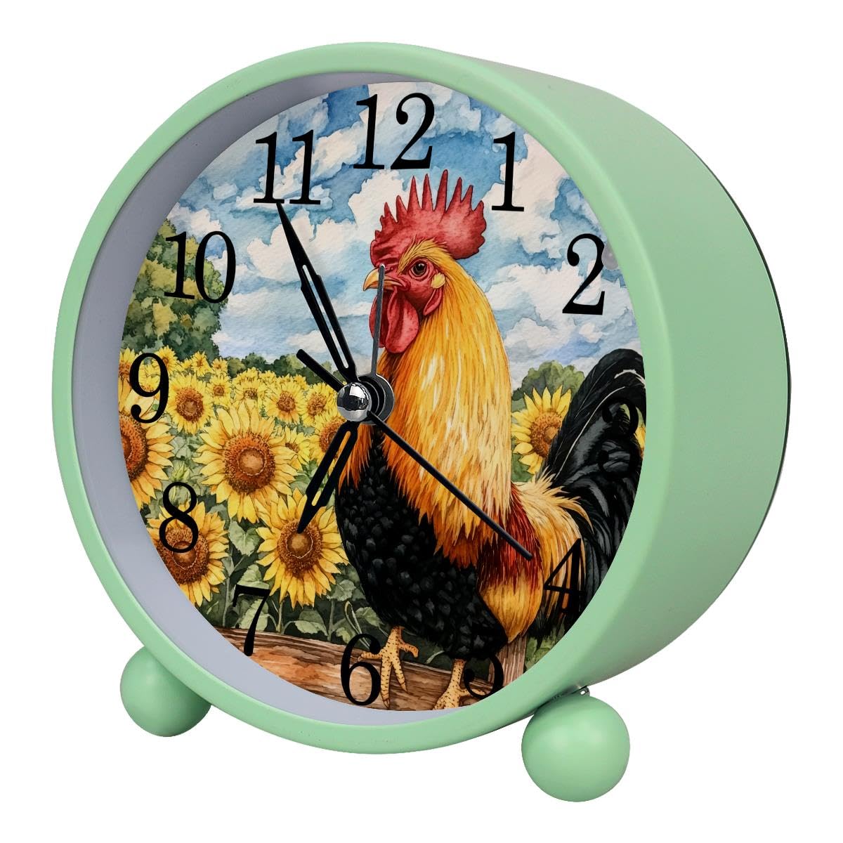 Alarm Clock Sunflowers Rooster, Silent Non-Ticking with Night Light