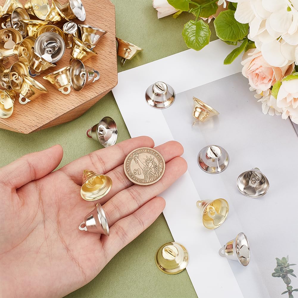 WADORN 40Pcs Craft Bells Bulk, 2 Colors 0.8"x 0.9" Small Jingle Bell Pendants for Crafts Mini Bells Charms for DIY Hanging Wind Chimes Christmas Home Decorations Making Pet Collar(Platinum and Golden)
