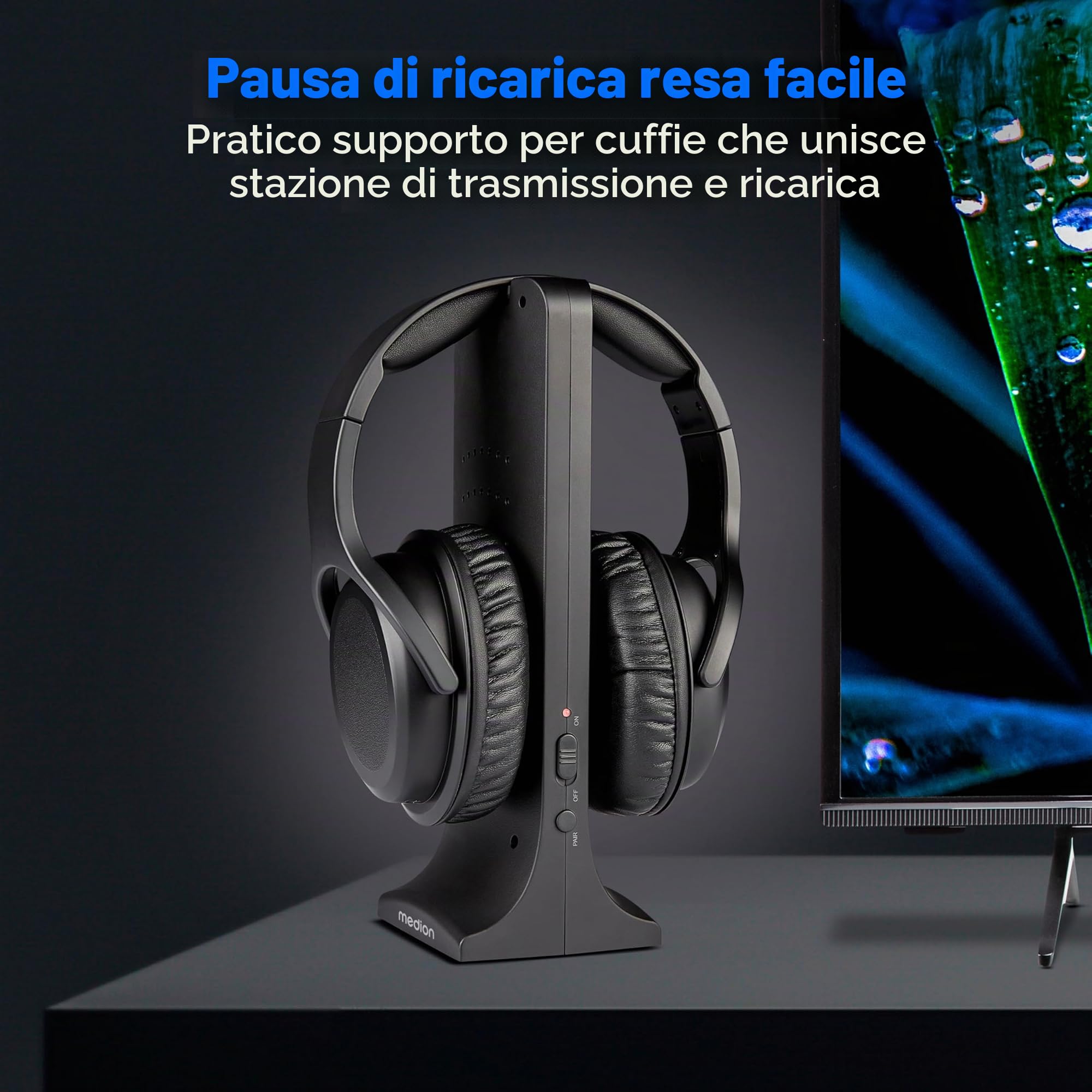 MEDION Cuffie wireless HS-1 (per TV, portata fino a 15 m, con base di ricarica, Over Ear, comfort elevato, USB-C, MD40006)