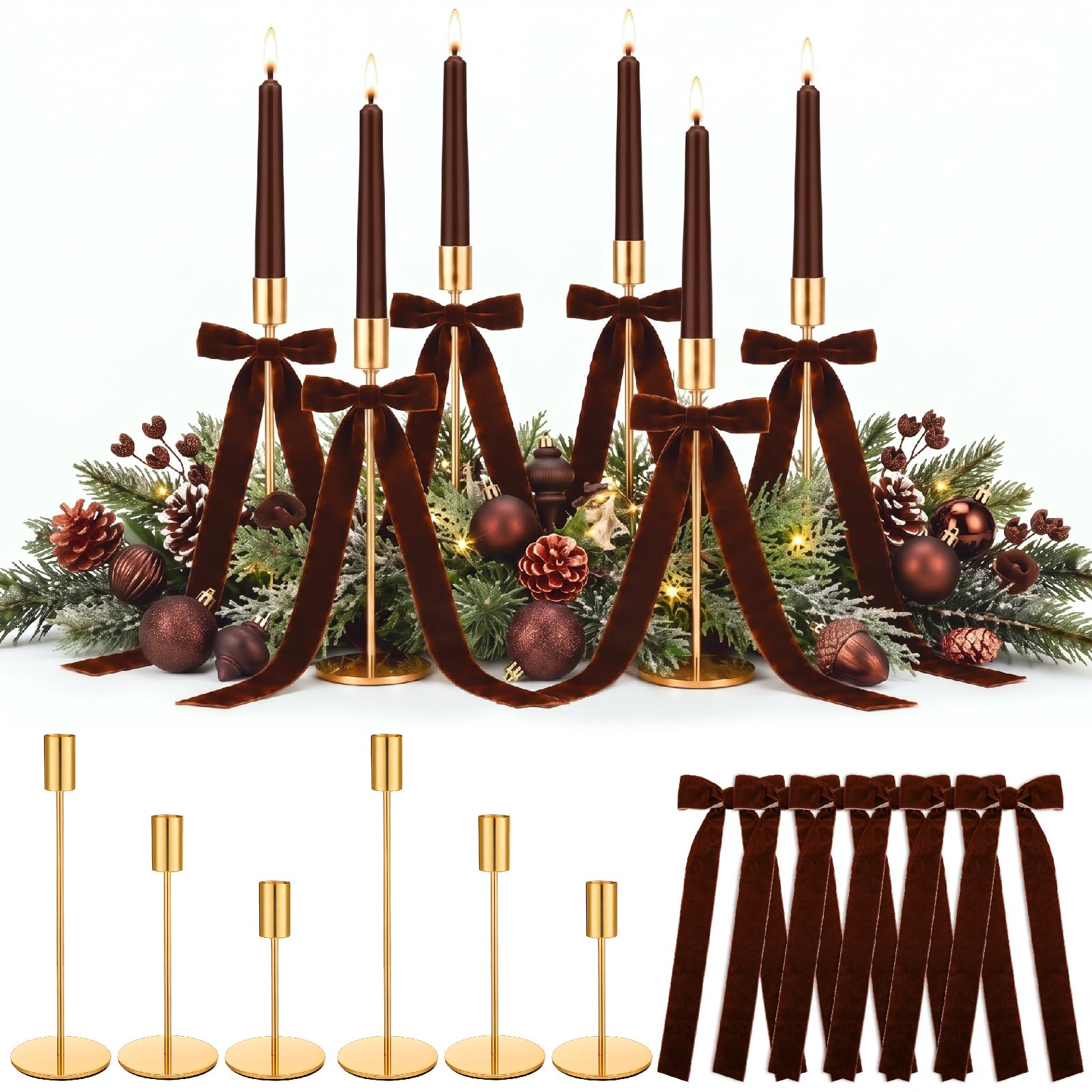 6 Sets Brown Christmas Party Decorations, 6 Candle Holders and 6 Velvet Ribbon Bow, Metal Brass Gold Candlestick Holders for Table Christmas Holiday Wedding Birthday Party Supplies