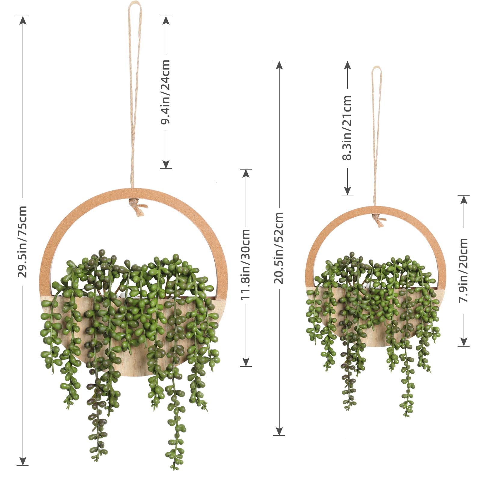 Floweroyal Lot de 2 Plantes succulentes artificielles à Suspendre de 50,1 cm en Pot avec Cordon de 24 cm pour décoration Murale intérieure et extérieure (Couleur Bois)