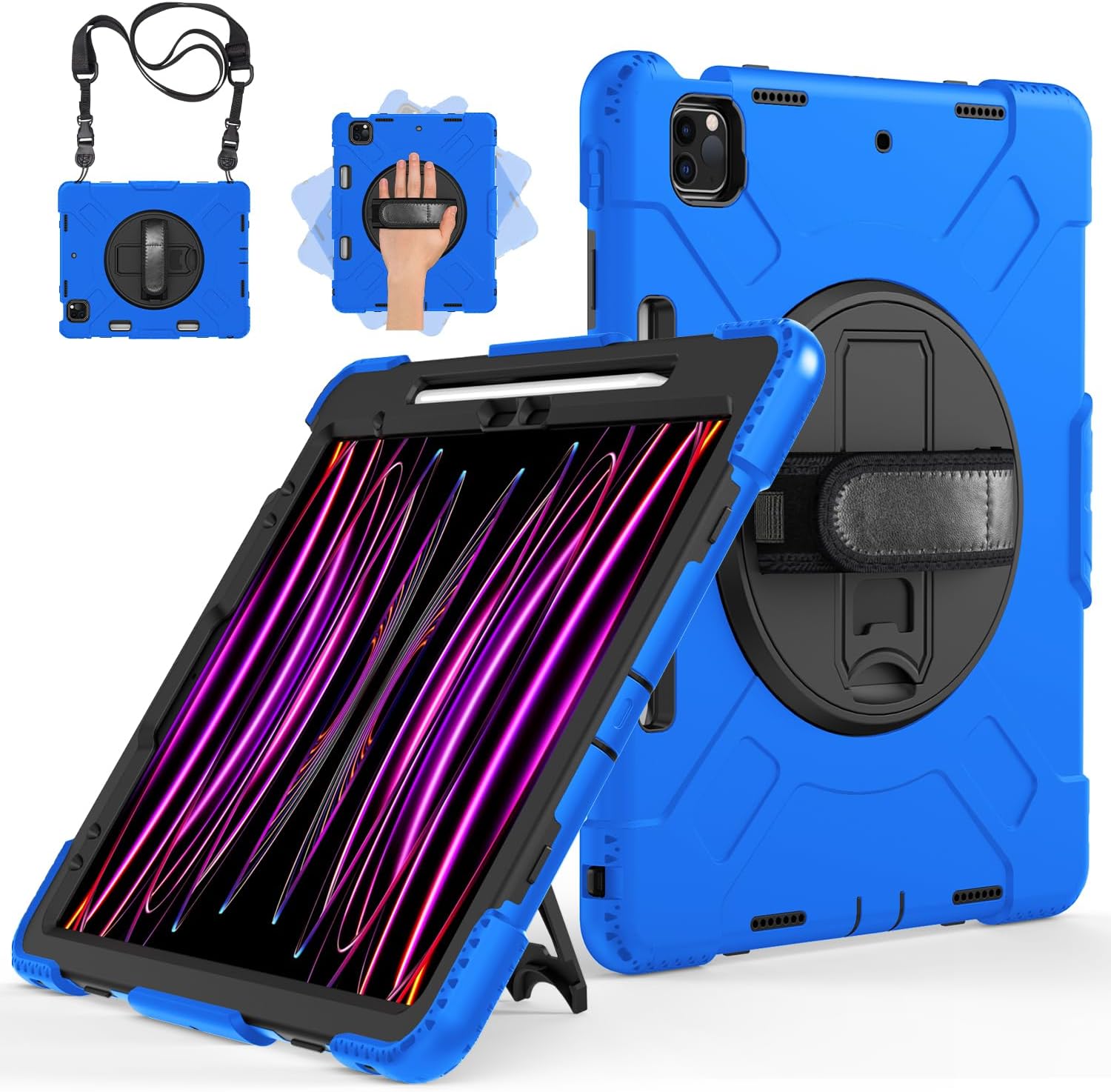 Miesherk Case for iPad Pro 12.9 Inch 6th/5th/4th Generation, Military Grade Heavy Duty Shockproof iPad Pro 12.9 Case - Rotating Stand, Pencil Holder, Hand/Shoulder Strap, Black+Black