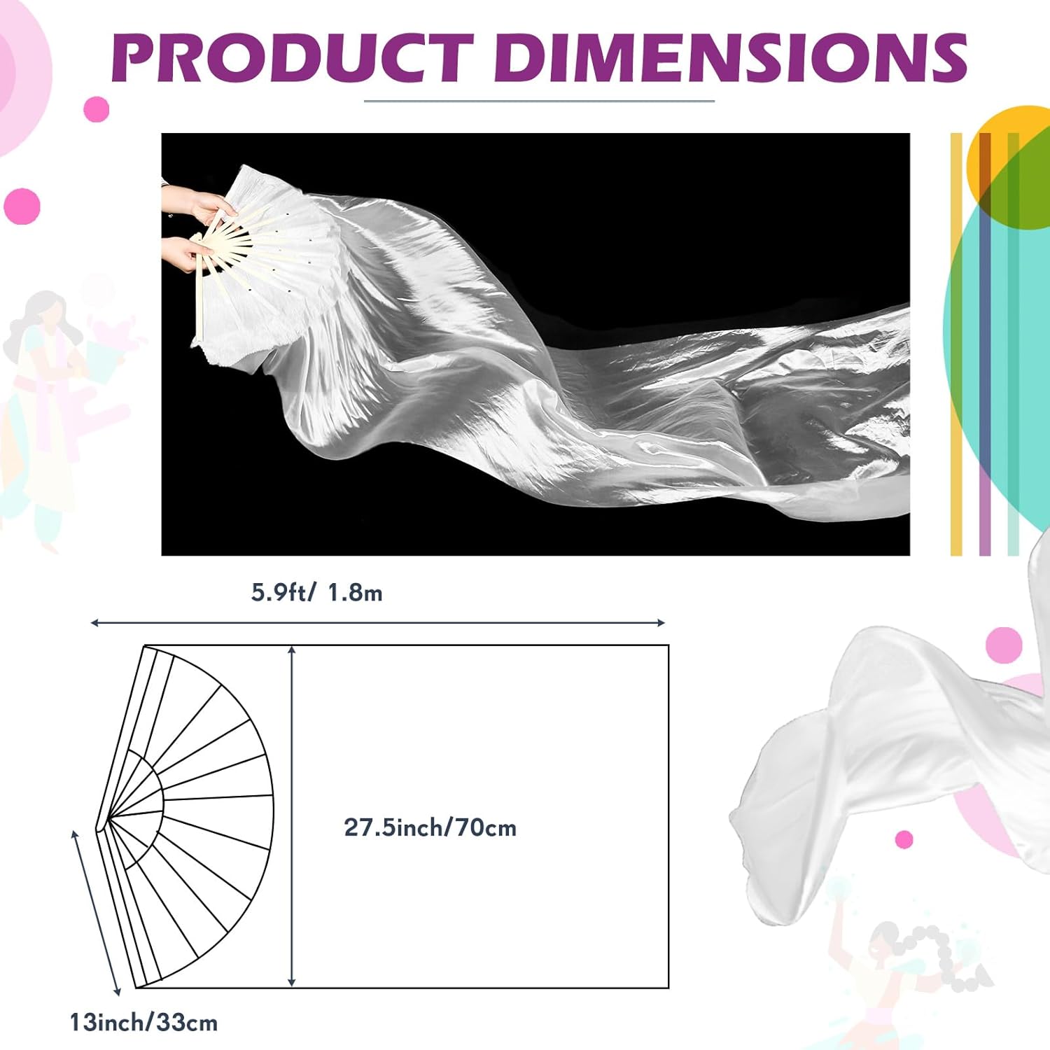 2 Pcs Women Silk Belly Dance Fan Veils 5.9ft Faux Silk Bamboo Long Fans Veil Dance National Dancing for Praise Worship Church School Performances, Left and Right - Image 2