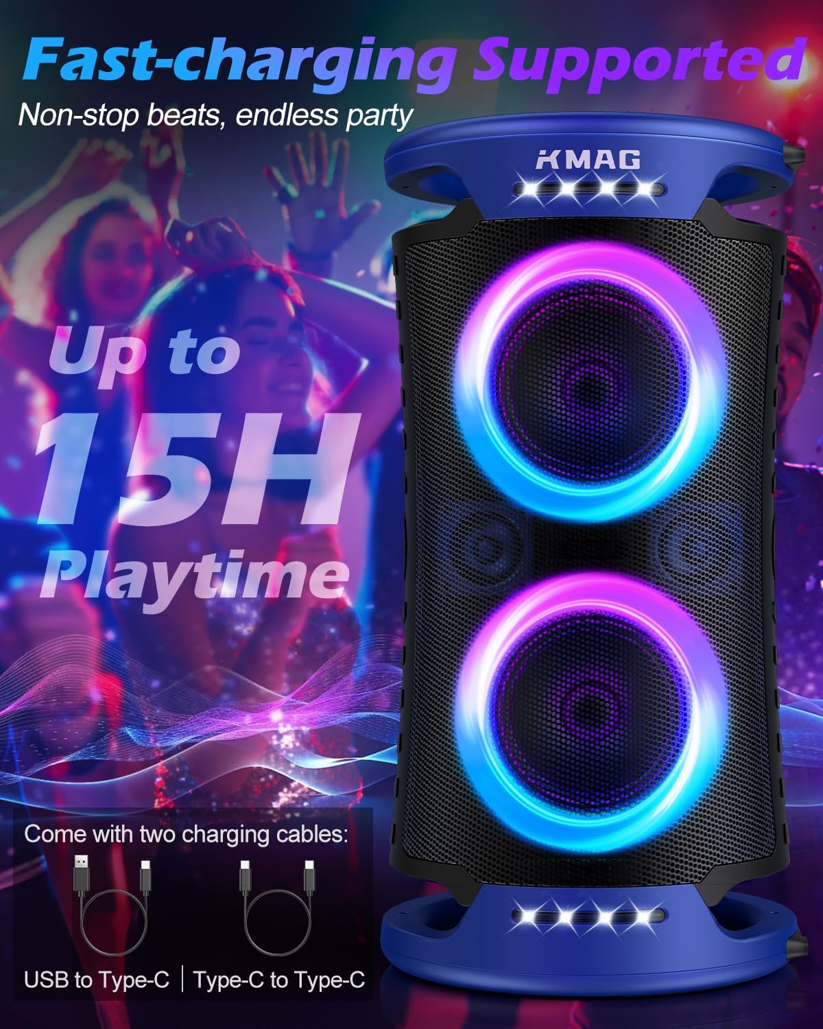 Large Bluetooth Speaker, 260W Peak Powerful Loud Sound with Deep Bass, 15Hr Playtime, Fast Charge, TWS, Cool Lights, Portable Outdoor Speaker Wireless for Party, Camping, Beach, Backyard, Work (Blue) - Image 5