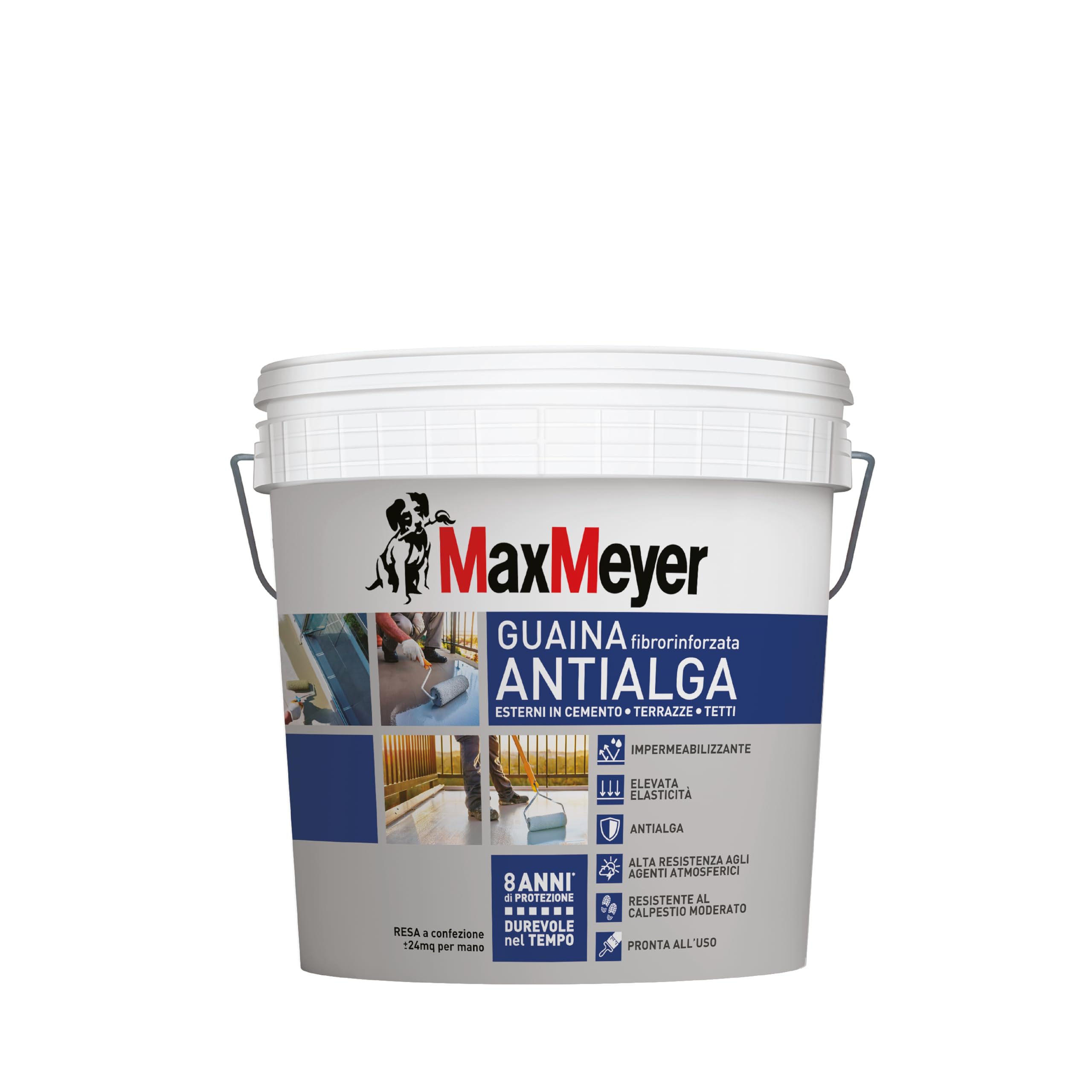 MaxMeyer Guaina Antialga Plus, Impermeabilizzante Liquido Fibrorinforzato per Esterni, Grigio, 4 L