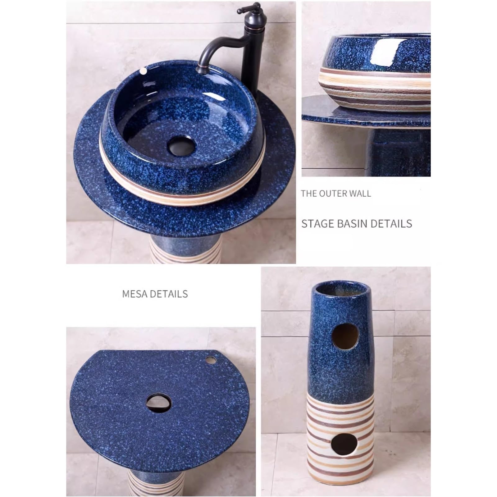 Fregadero pequeño de 15.7 pulgadas, lavabo de columna de cerámica para interiores y exteriores, tamaño C, talla única, B-One Size