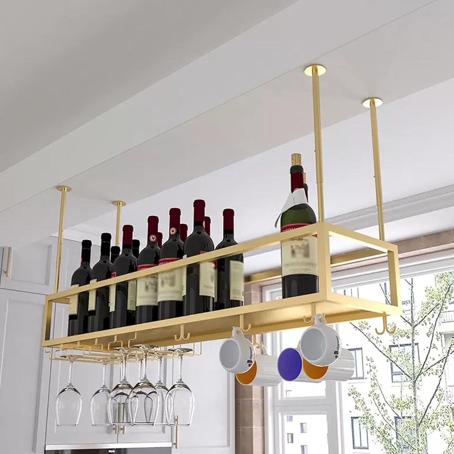 Modern Metal Wine Bottle Rack - Ceiling-Mounted Hanging Storage for Home Bar, Display & nization - Floating Shelf for Wine Glasses & Bottles (Gold, 120cm)