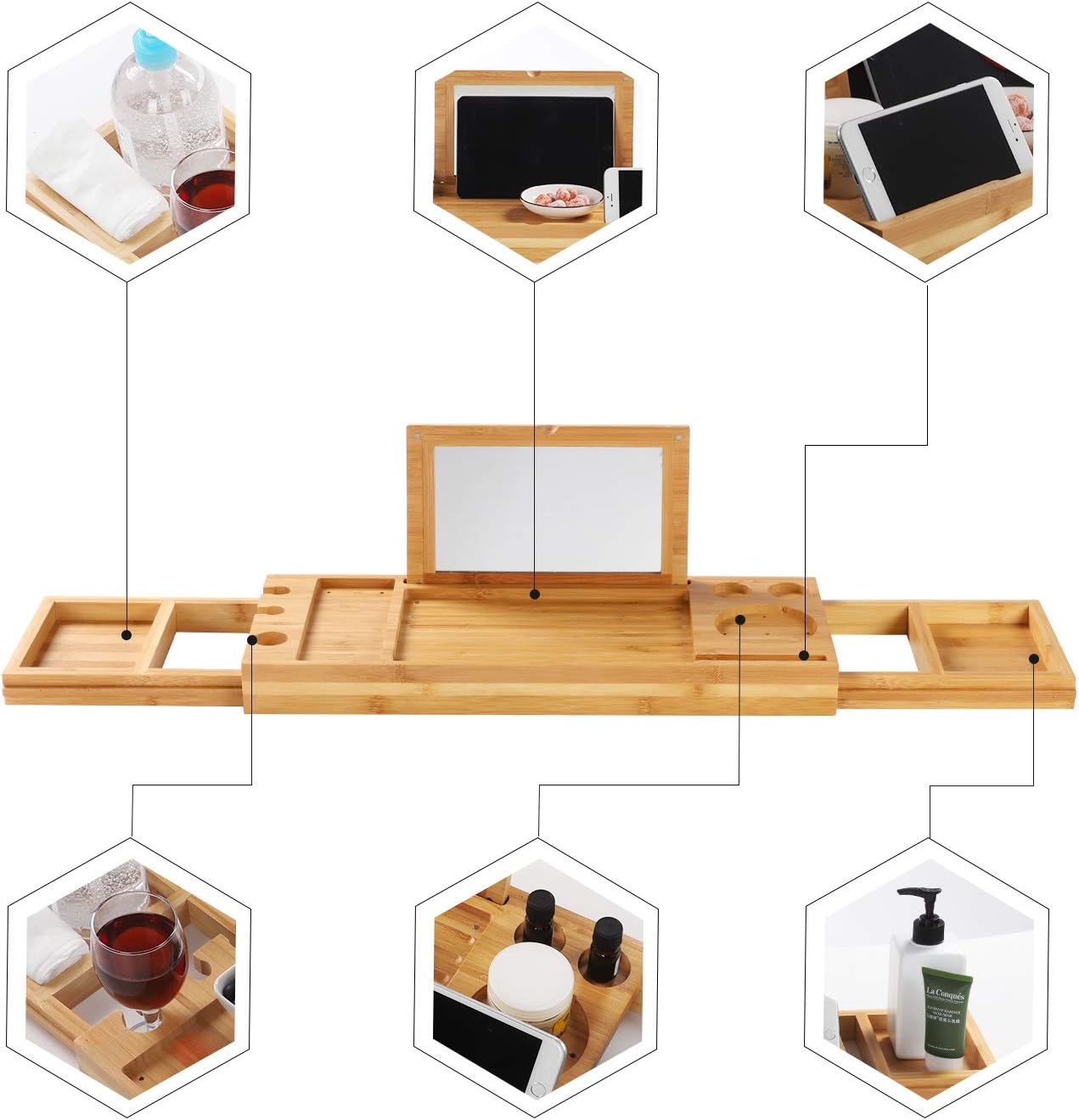 Bath Tray for Tub, Adjustable Bathtub Tray with Extending Side, Bathtub Caddy with Mirror, Book Tablet, Wineglass Holder and Towel Holder, Bamboo