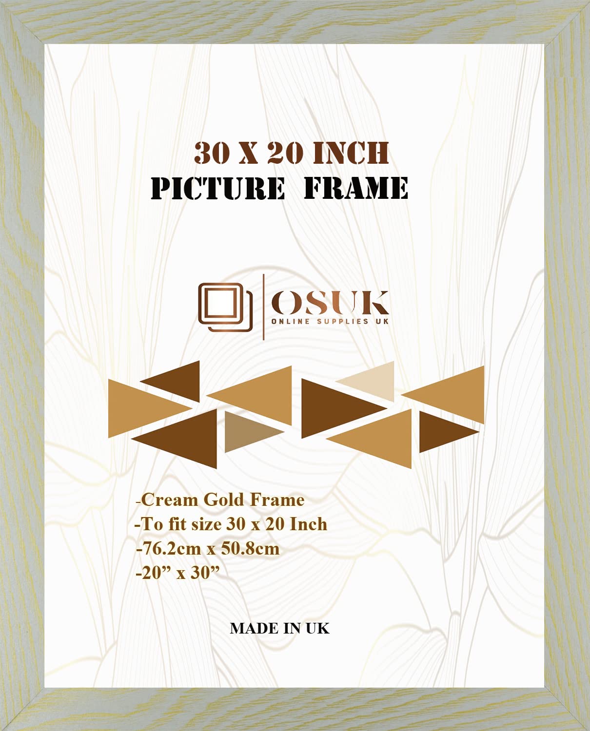 OSUK Cream Gold 30x20 inch Picture Frame - Large Frame 76.2 x 50.8cm - 20 x 30 Inch Photo Frame With Clear Perspex Front & Wall Mounting Hook - Cream Gold 30" x 20" Poster Frames