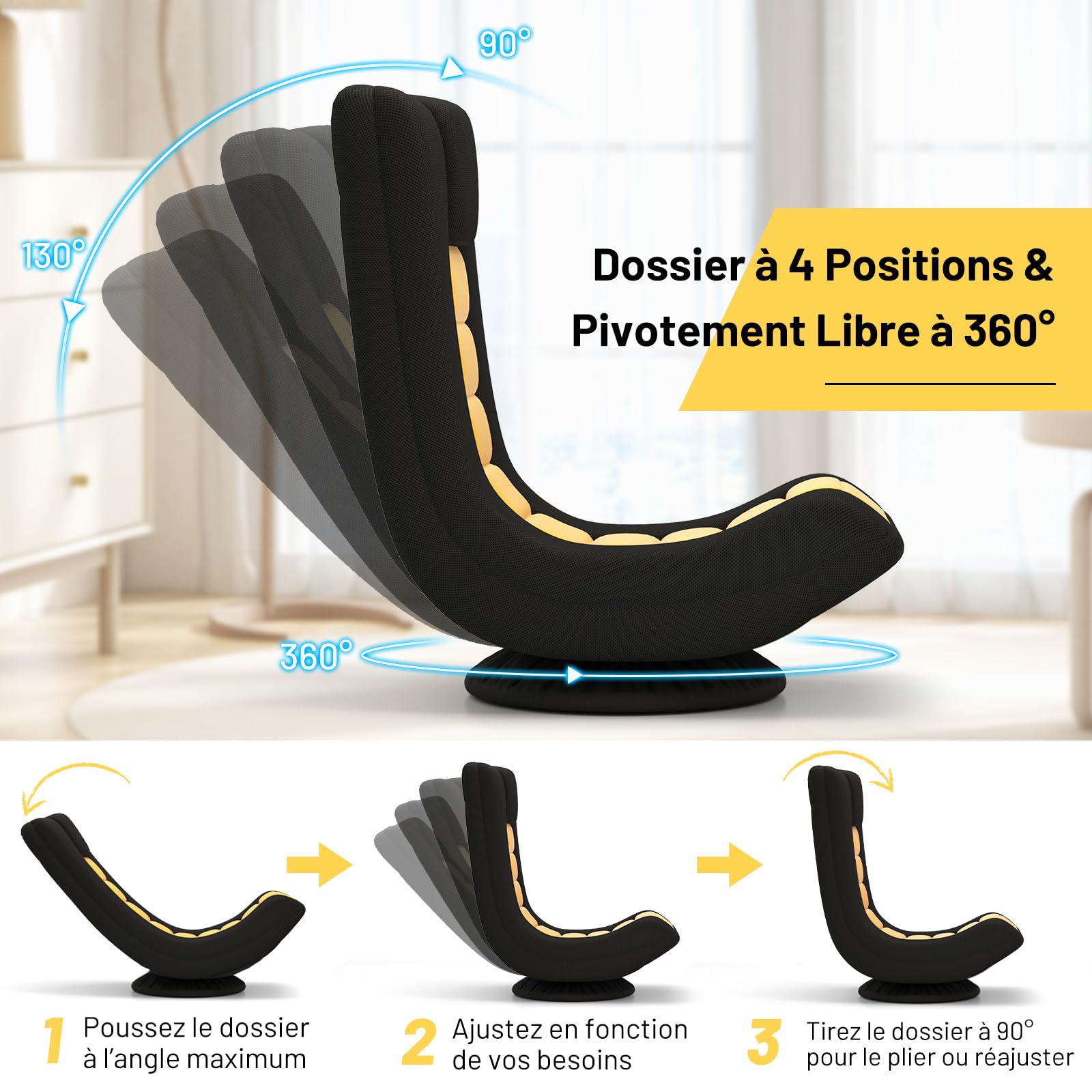 COSTWAY Fauteuil Gaming, Fauteuil de Sol Pliable, Chaise Gaming Pivotant à 360° avec Dossier Réglable, Canapé de Sol, Cadre en Métal Robuste, pour Adultes, Adolescentes, Enfants (Jaune)