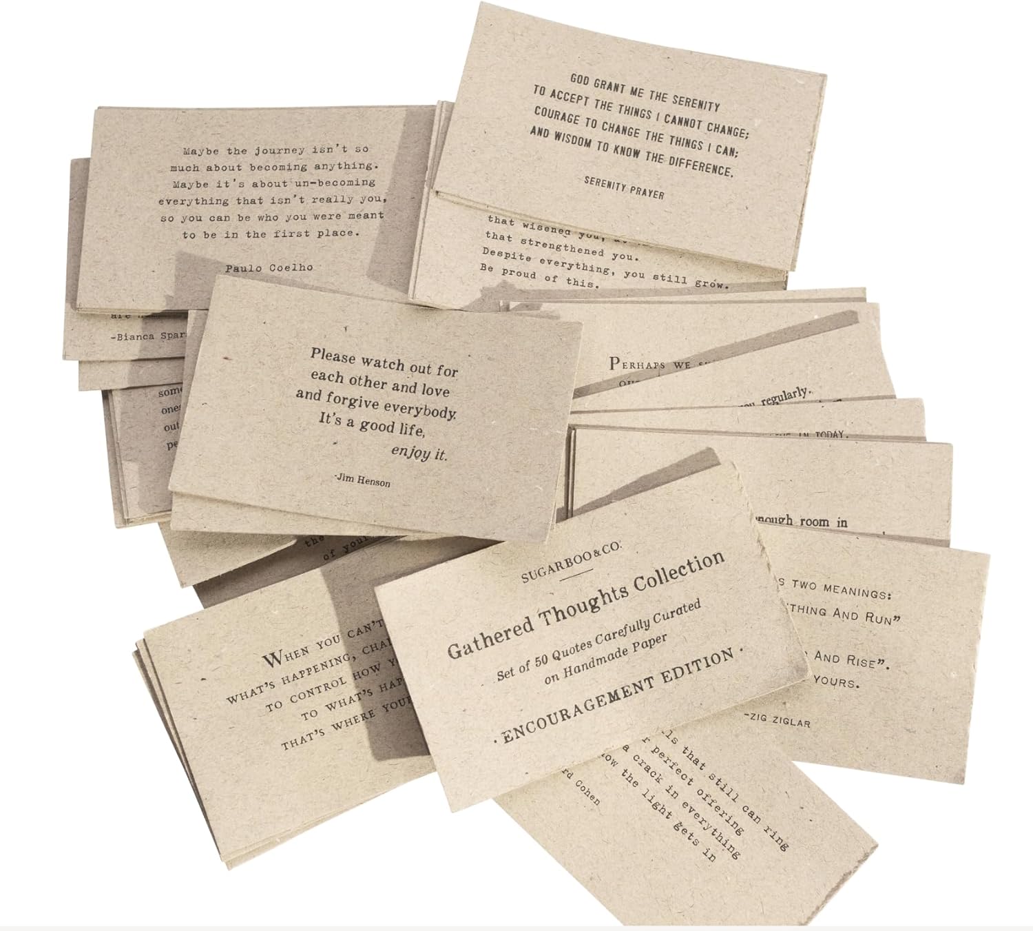Sugarboo 50 Gathered Thoughts Collection “Encouragement” edition - Uplifting Quotes on Handmade Paper - 3 x 6 inch card size