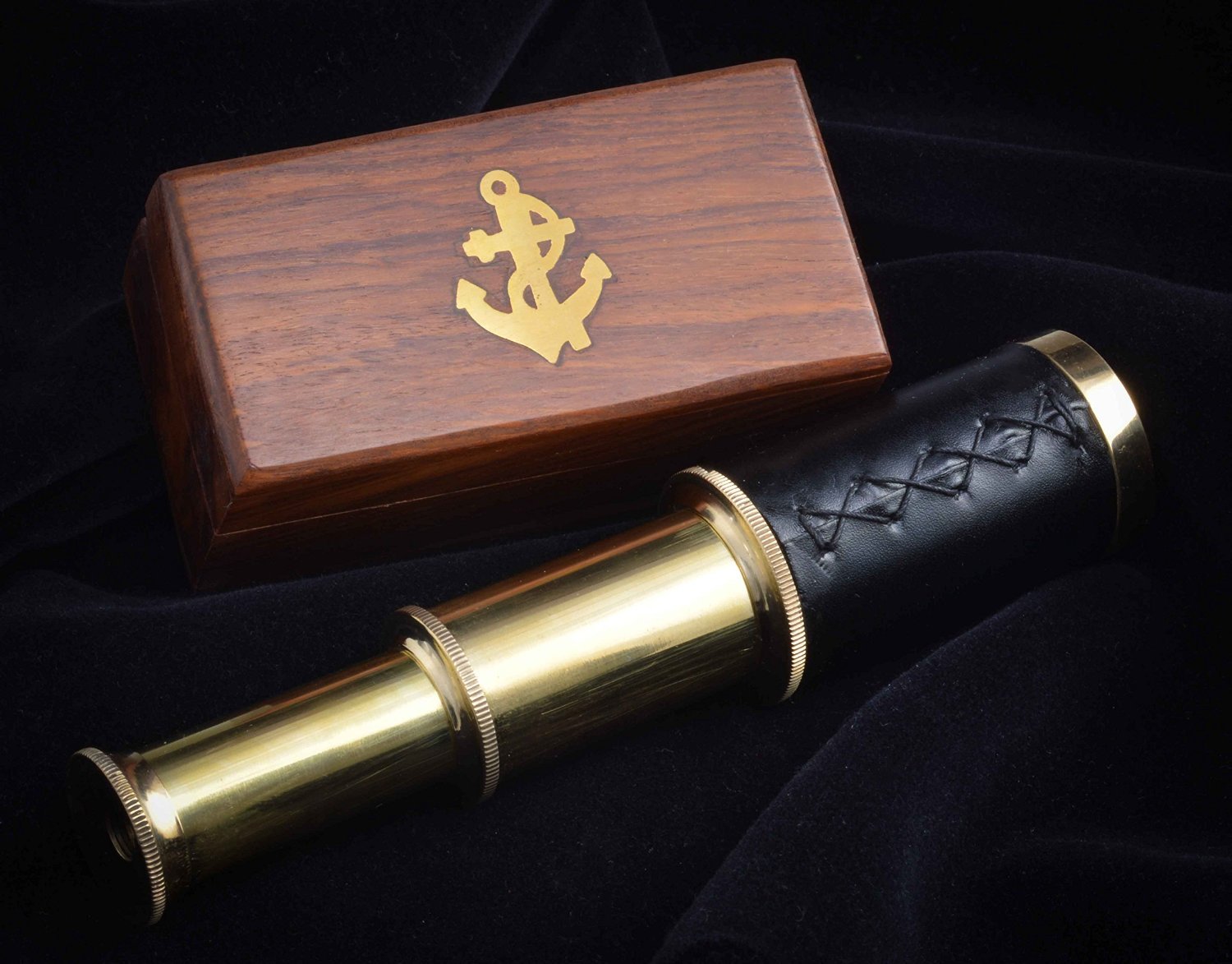 Handheld Brass Pirate Navigation Telescope with Wooden Box Rustic Vintage Home Decor Gifts
