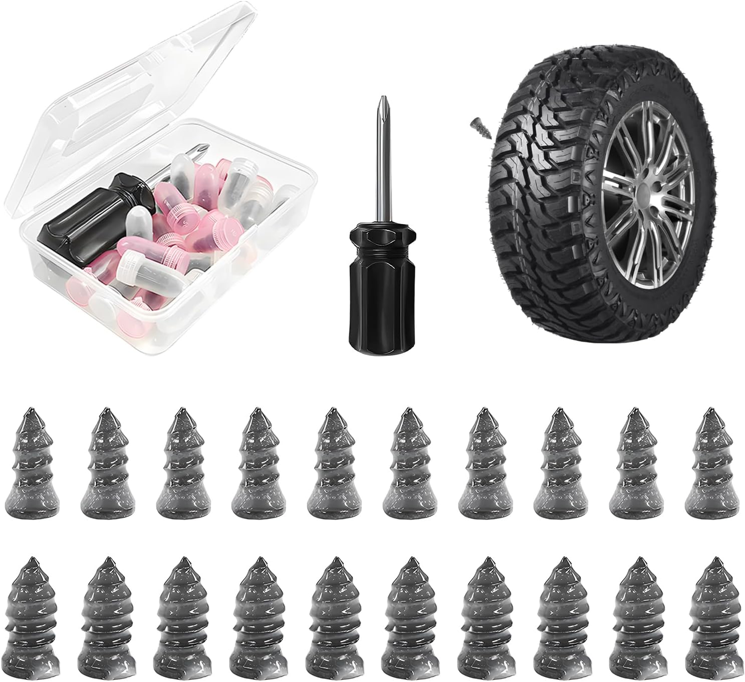 Sun Walker Tire Repair Rubber Nails, Self-Service Vacuum Rubber Screw Plugs Tyre Puncture Nail Set, Quick Puncture Spiral Nails Tire Repair Tool Kit for Car Truck Motorcycle (20PCS+Screwdriver(S))