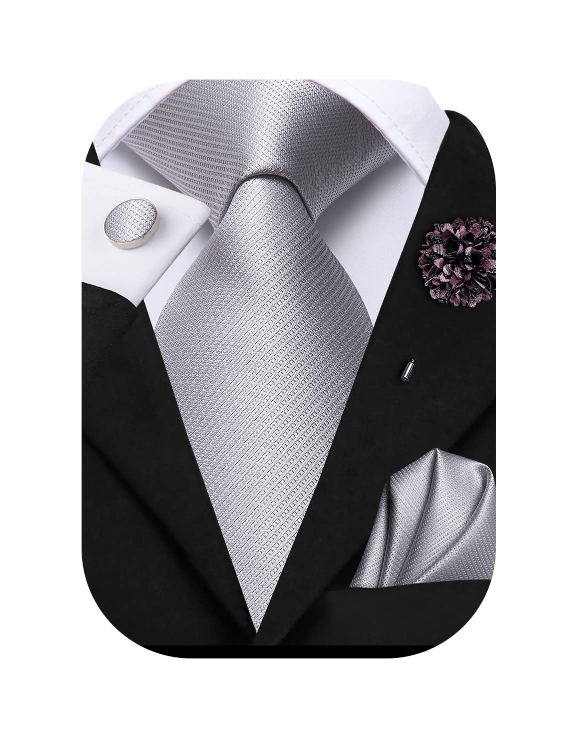 Hi-TieHi-Tie Silk Men's Tie and Pocket Square Cufflinks Lapel Pin Set Jacquard Wedding Business Necktie for Formal