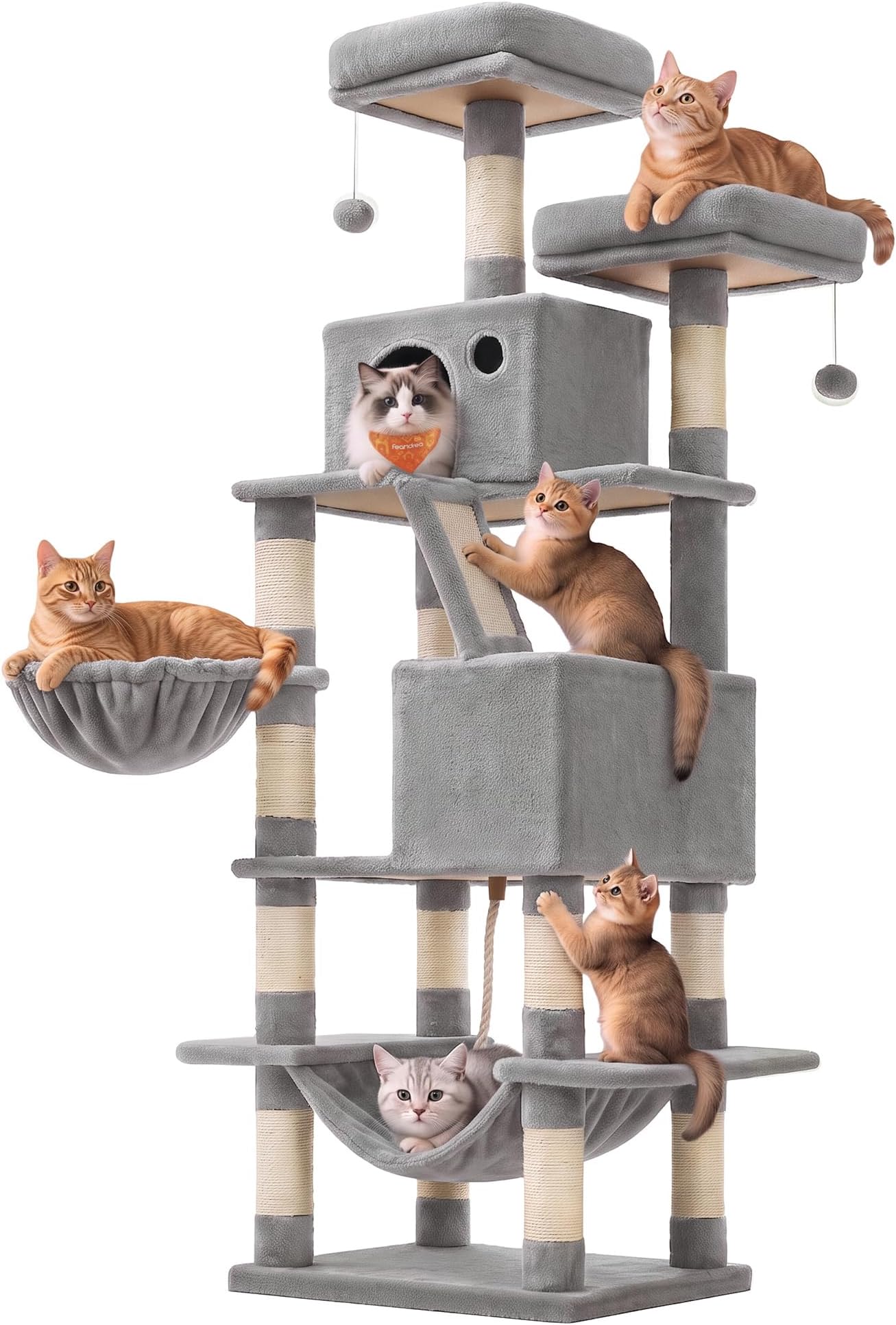 Feandrea Cat Tree, 66.1-Inch Large Cat Tower, Multi-Level Condo, Light Gray