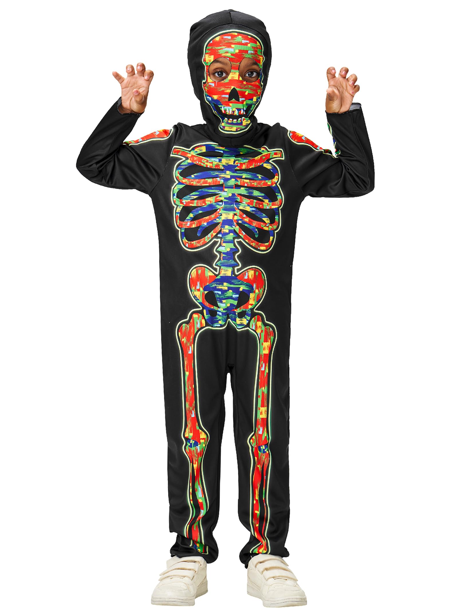 Photo 1 of Kids Glow Skeleton Costume, Bones Skull Jumpsuit with Hood Mask Suit for Boys Girls Halloween Dress Up 3-10 Years Glow 4-6Y