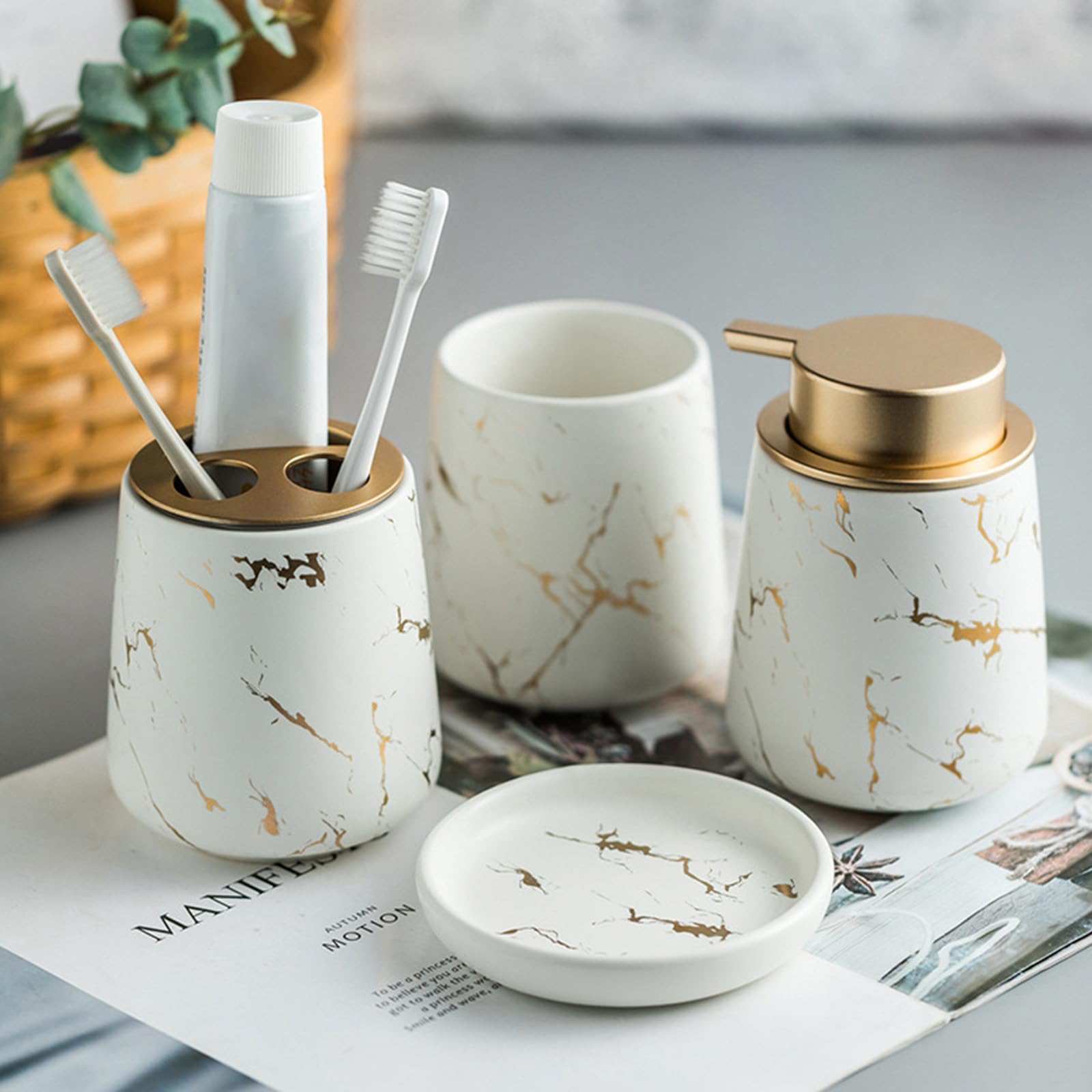 Qivine 6-teiliges Badezimmer Set Keramik - Seifenspender, Zahnputzbecher, Tablett