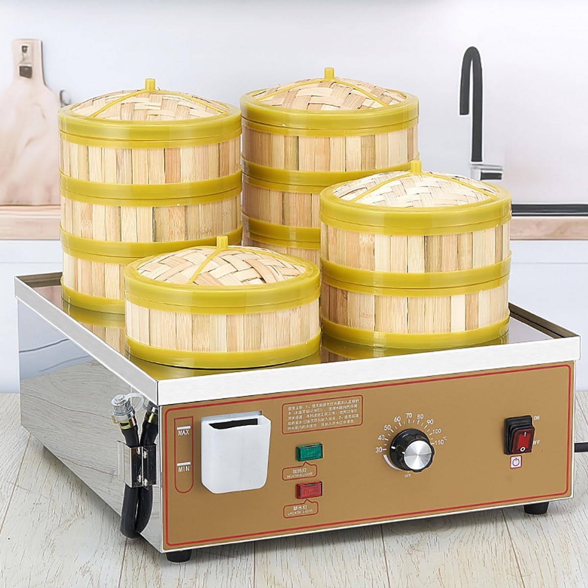 Four-Hole Electric Food Steamer, Commercial Steamed Buns Machine, 30~110℃ Temperature Range,Stainless Steel Electric Bun Steamer for Home Store Buffet Restaurant
