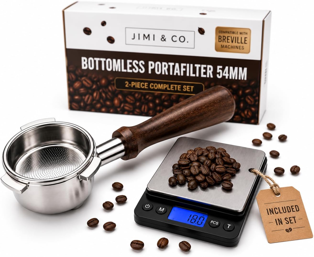 Bottomless Portafilter for Breville Bambino with Naked 18g Filter & Scale
