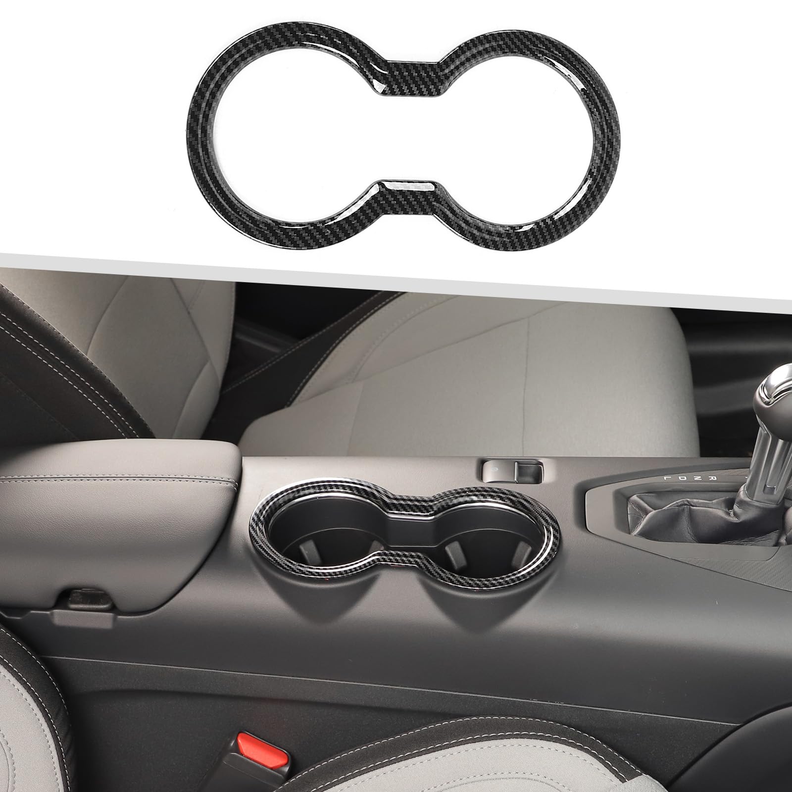 Jimen Fit for Ford Mustang 2024-2025, Center Console Front Cup Holder Cover Trim (Carbon Fiber)