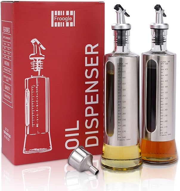Froogle Oil Dispenser Cooking Oil Bottle Drizzler - Set of 2-500ml with 1 Funnel for Easy Refill - Pouring Spouts Vinegar Drizzler Bottle -Olive Oil Bottle for Kitchen