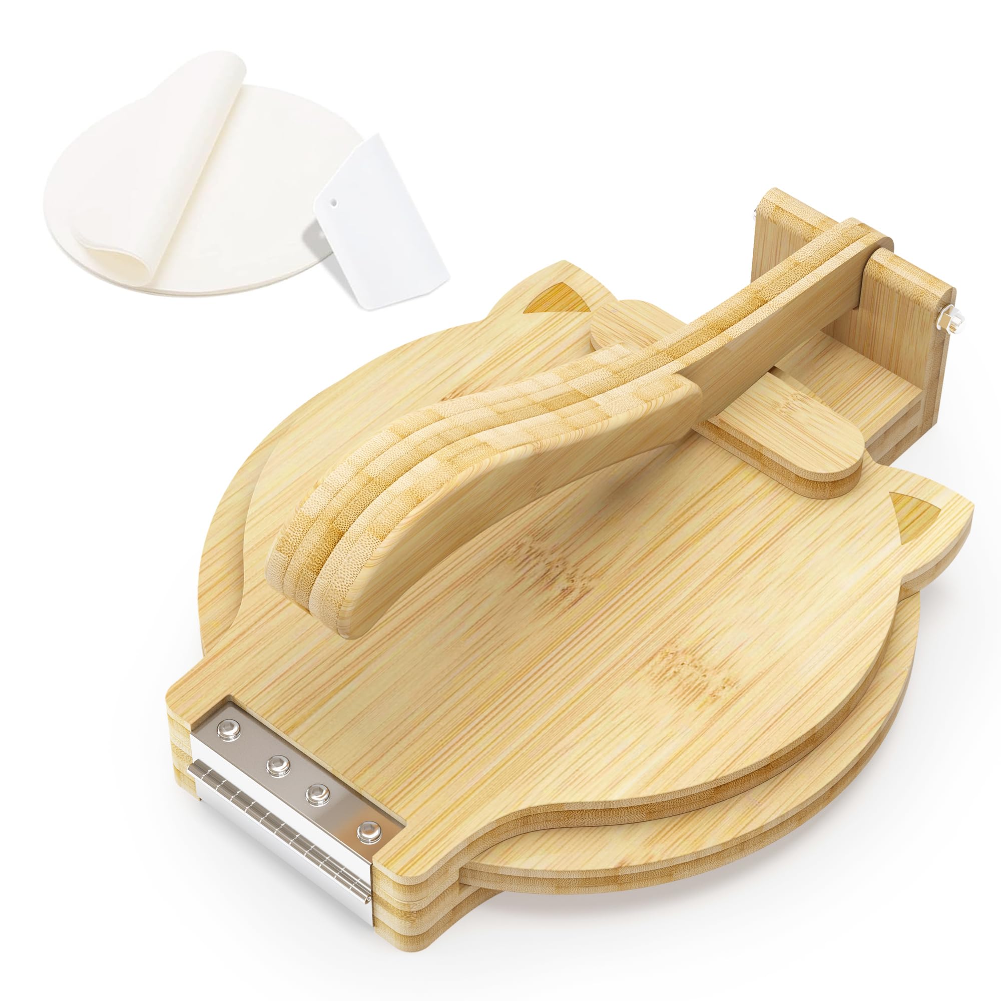 Tortilla Press 10 Inch - Bamboo Quesadilla & Roti Maker with Parchment Paper Sheets & Dough Cutter for Homemade Flour Corn Tortilla, Wood Tortillera Pataconera Tortilla Maker for Home Baking
