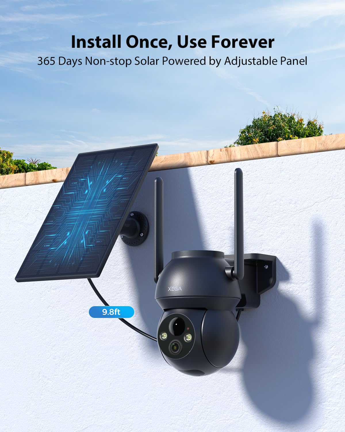 Xega Überwachungskamera Aussen Solar mit 5200mah Akku,2,4GHz WiFi | HD PTZ Kabellos Kamera Überwachung Außen Akku mit Solarpanel,FarbNachtsicht, PIR Personenerkennung,2 Wege Audio,TF&Cloud,IP66