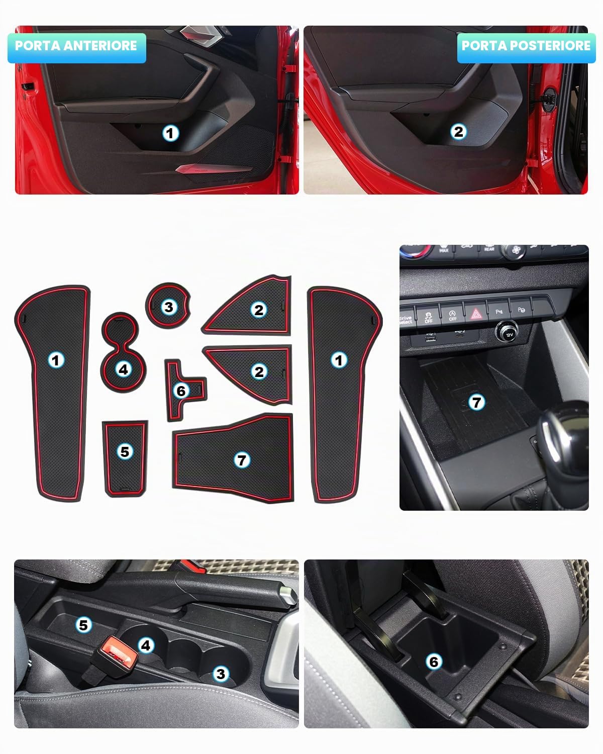 CDEFG Compatibile con Audi A1 GB 2019-2023 2024 2025, tappetini in gomma antiscivolo per auto A1 Sportback 2024 accessori (rosso)
