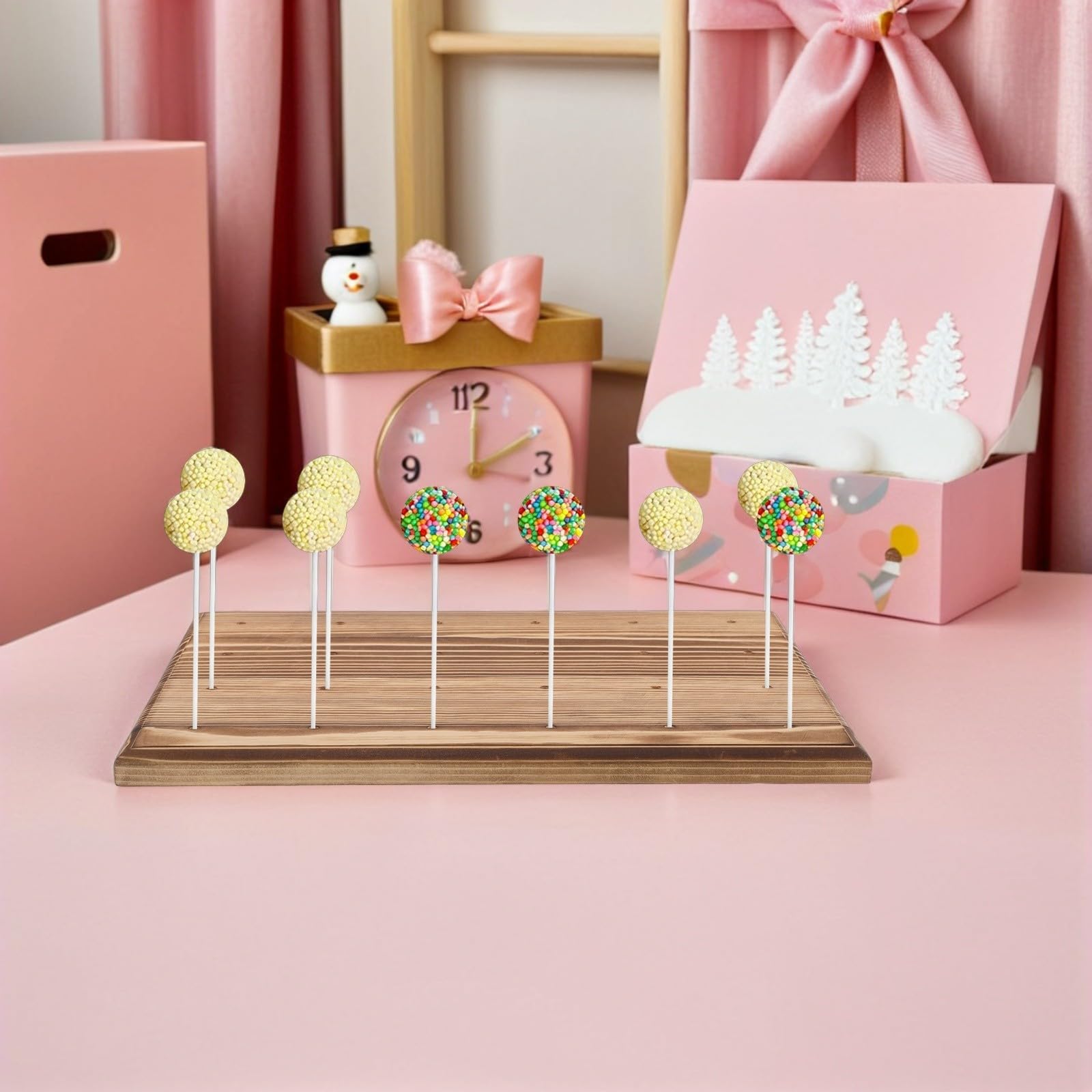 Cake Pop Ständer Inklusive 100 Stielen und 100 Treat Taschen Sicher und Stabil mit 24 Löchern Natürliche und Elegante Party Deko für Showers